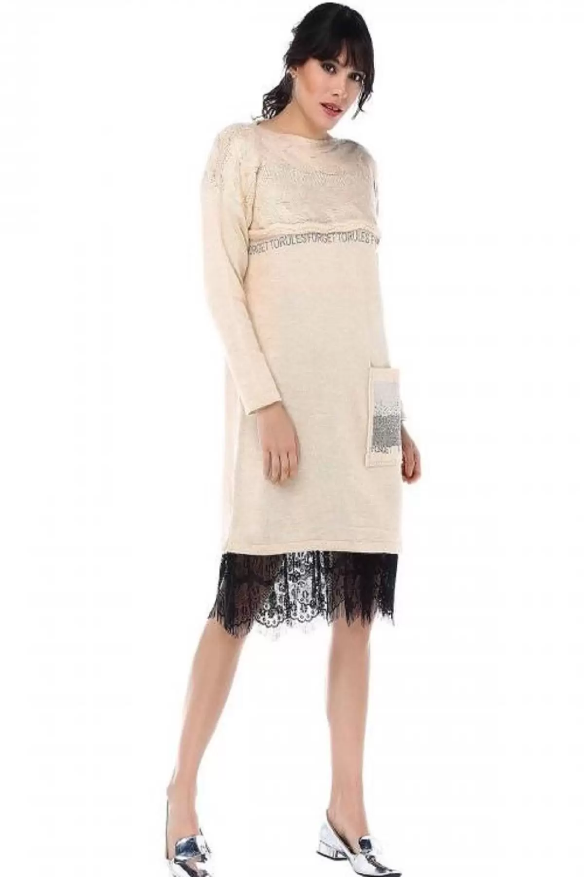 Taş Detaylı Saç Örgülü Cepli Taş Triko Kadın Tunik