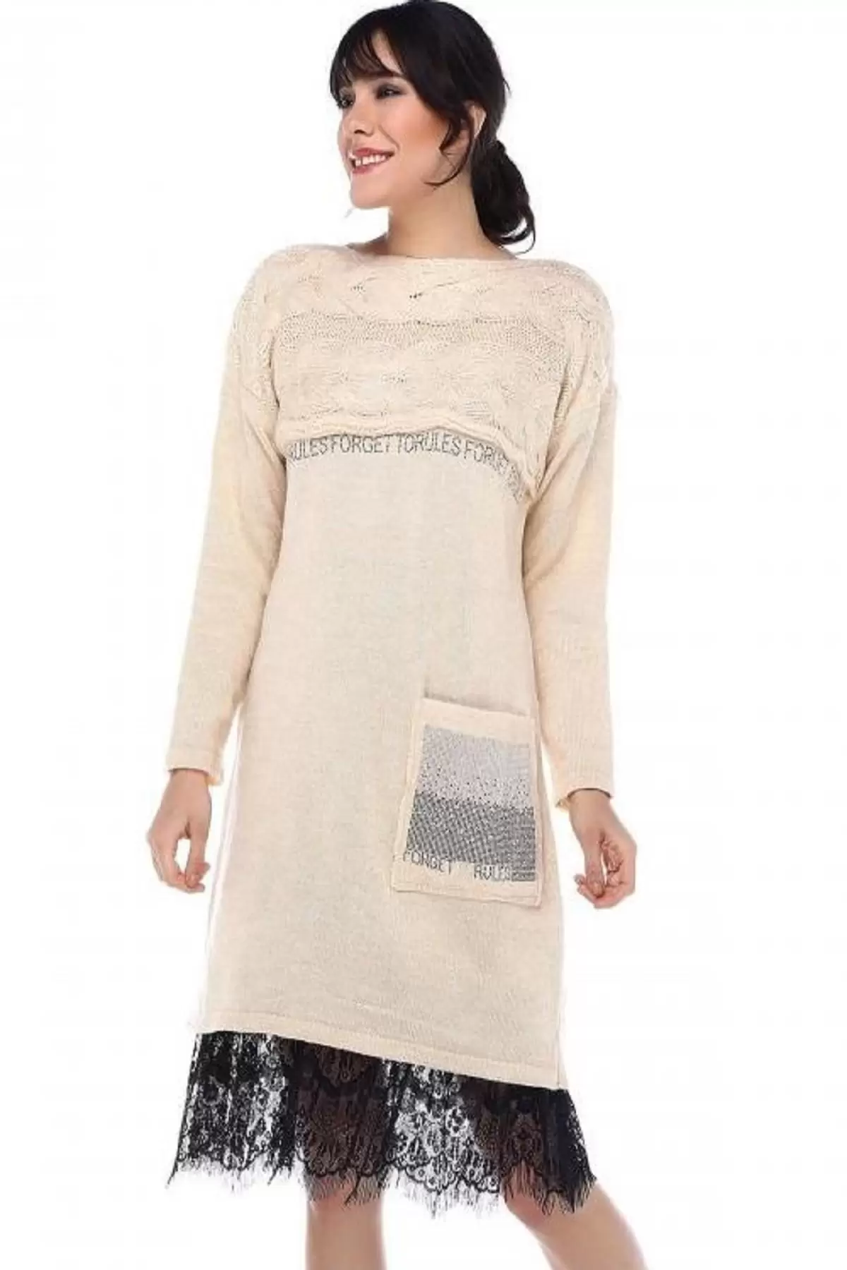 Taş Detaylı Saç Örgülü Cepli Taş Triko Kadın Tunik