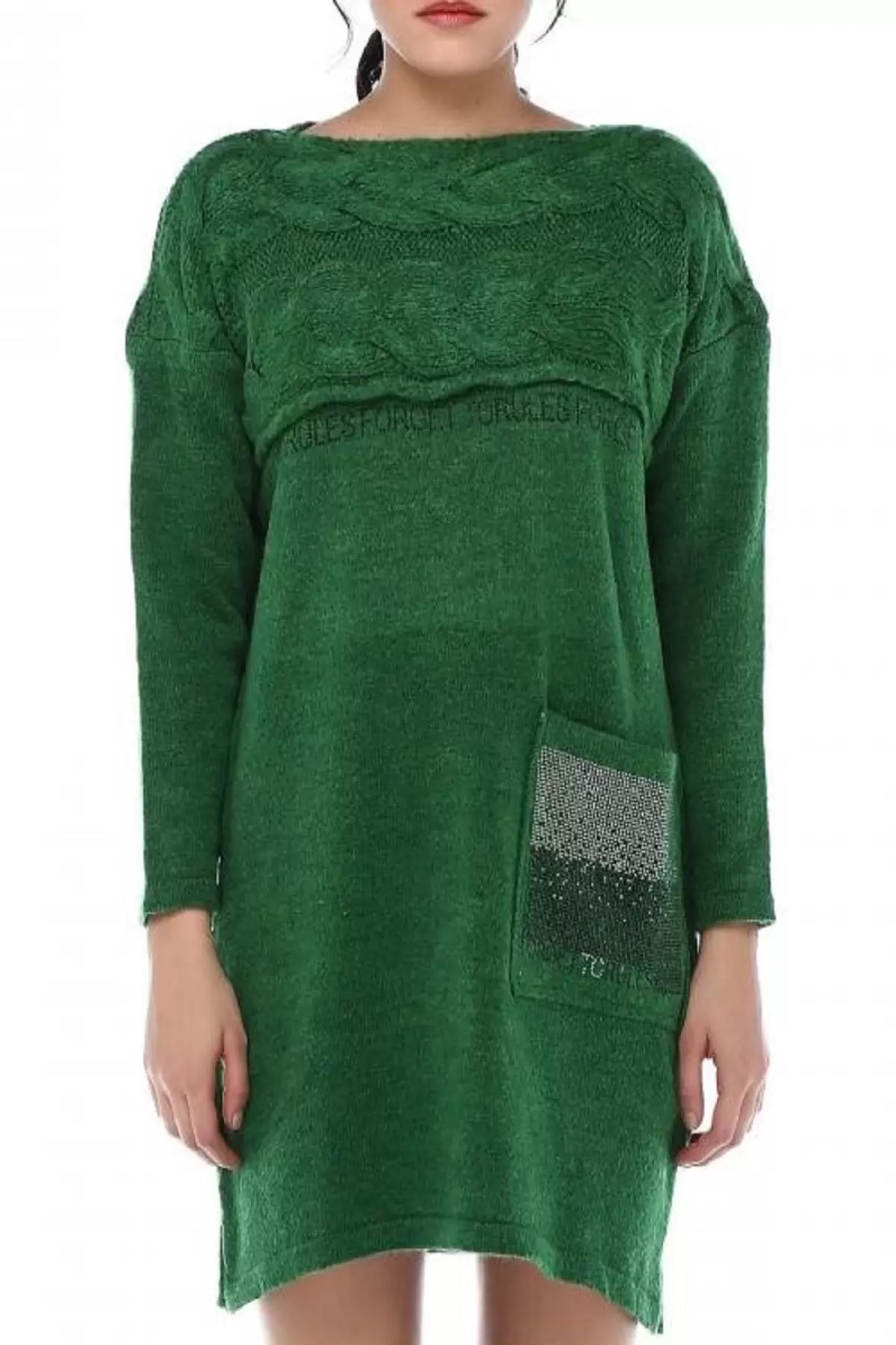 Taş Detaylı Saç Örgülü Cepli Yeşil Triko Kadın Tunik