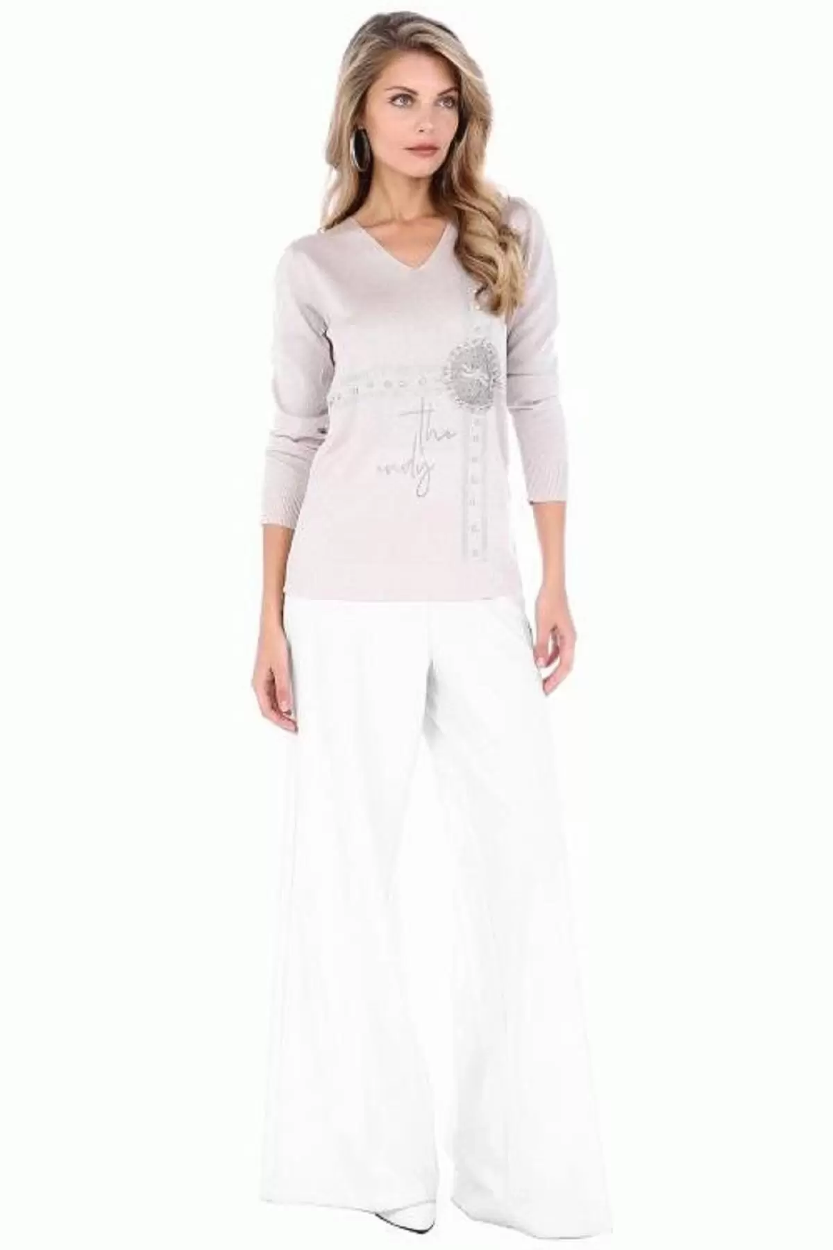 Taşlı V Yaka Simli Pudra Basıc Triko Kadın Bluz