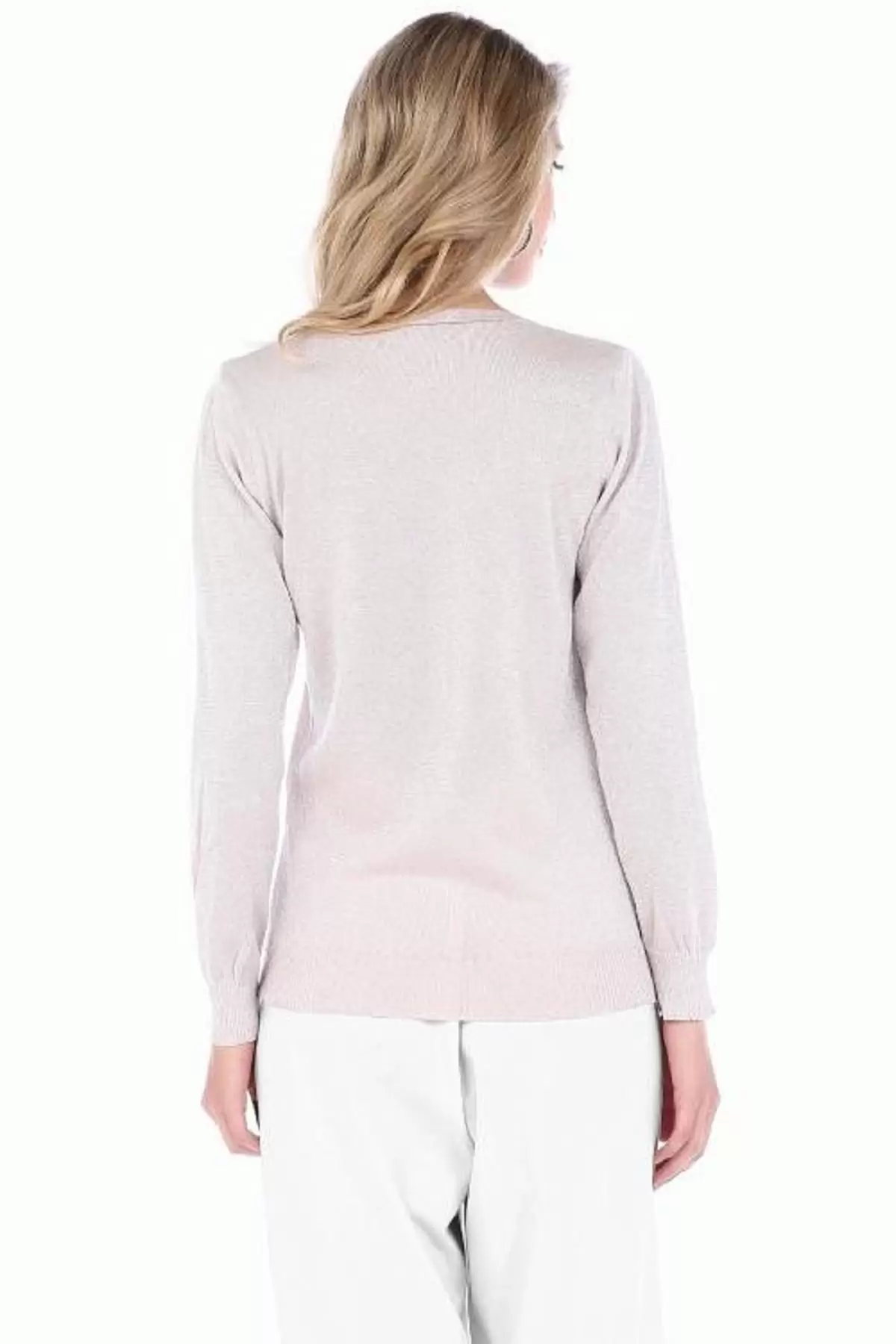 Taşlı V Yaka Simli Pudra Basıc Triko Kadın Bluz