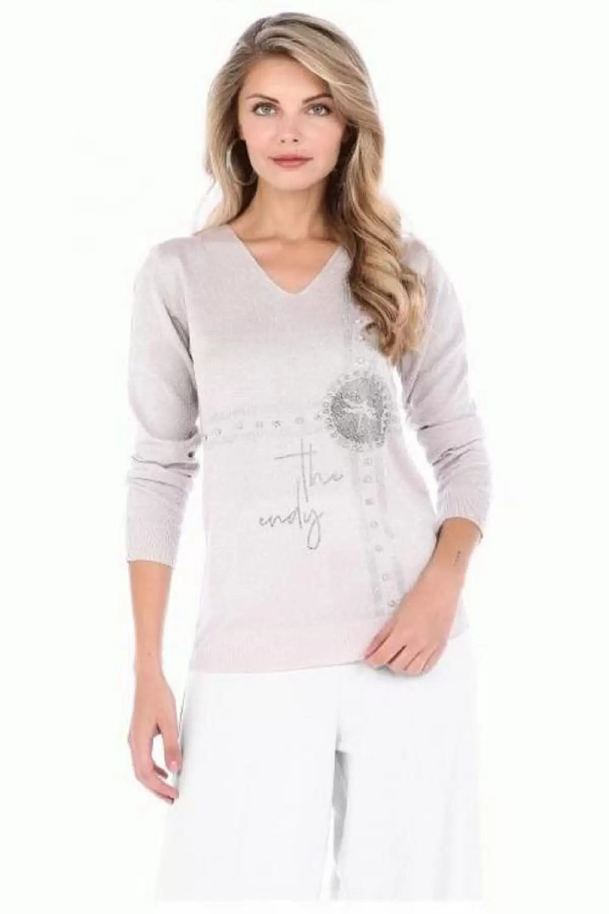 Taşlı V Yaka Simli Pudra Basıc Triko Kadın Bluz