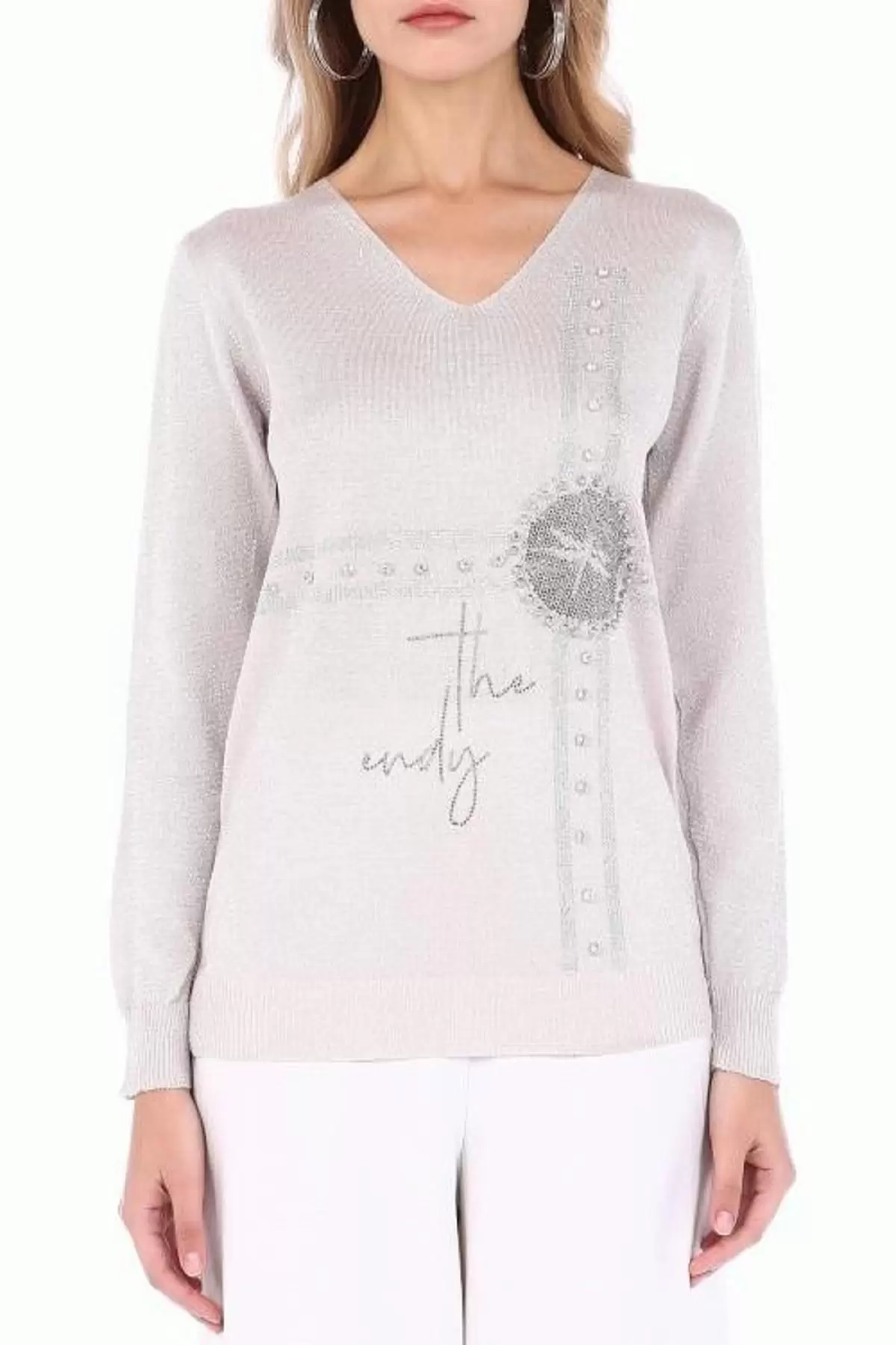 Taşlı V Yaka Simli Pudra Basıc Triko Kadın Bluz