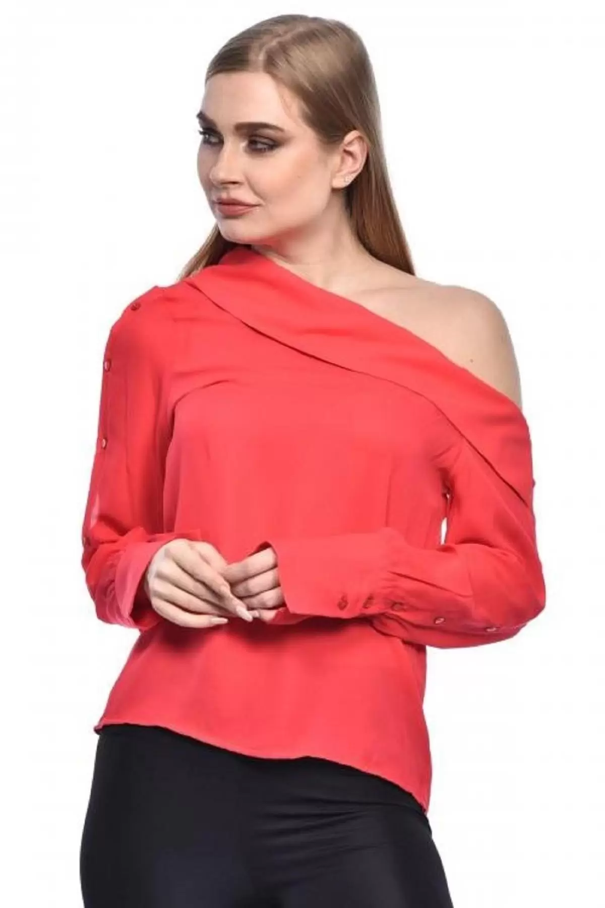 Tek Omuzlu Uzun Kollu Kırmızı Kadın Bluz
