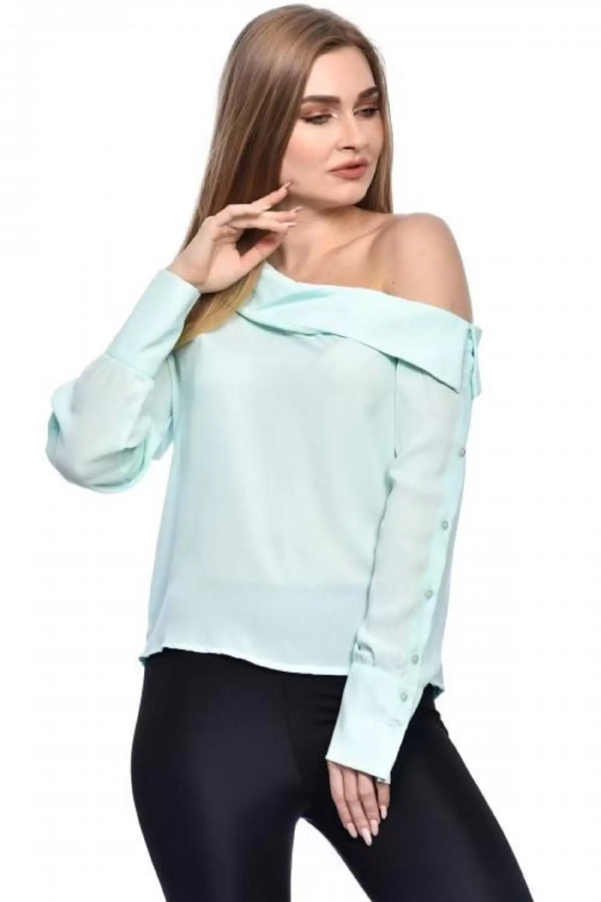 Tek Omuzlu Uzun Kollu Mint Kadın Bluz
