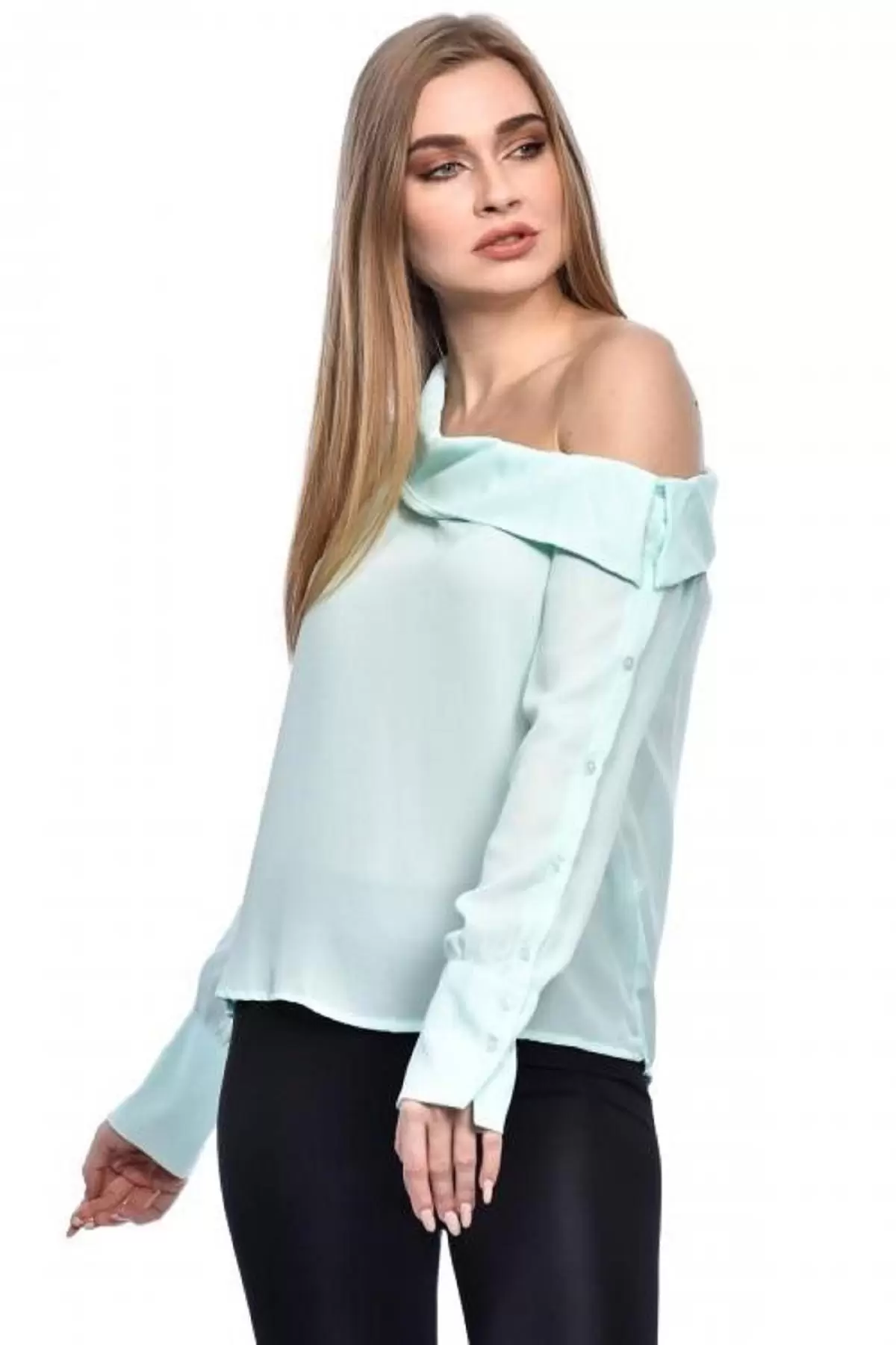Tek Omuzlu Uzun Kollu Mint Kadın Bluz