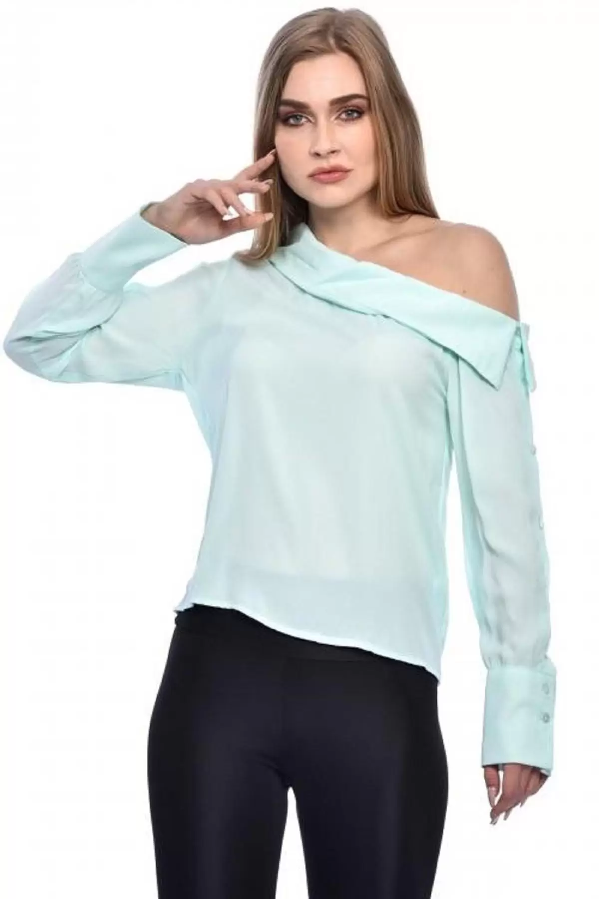 Tek Omuzlu Uzun Kollu Mint Kadın Bluz