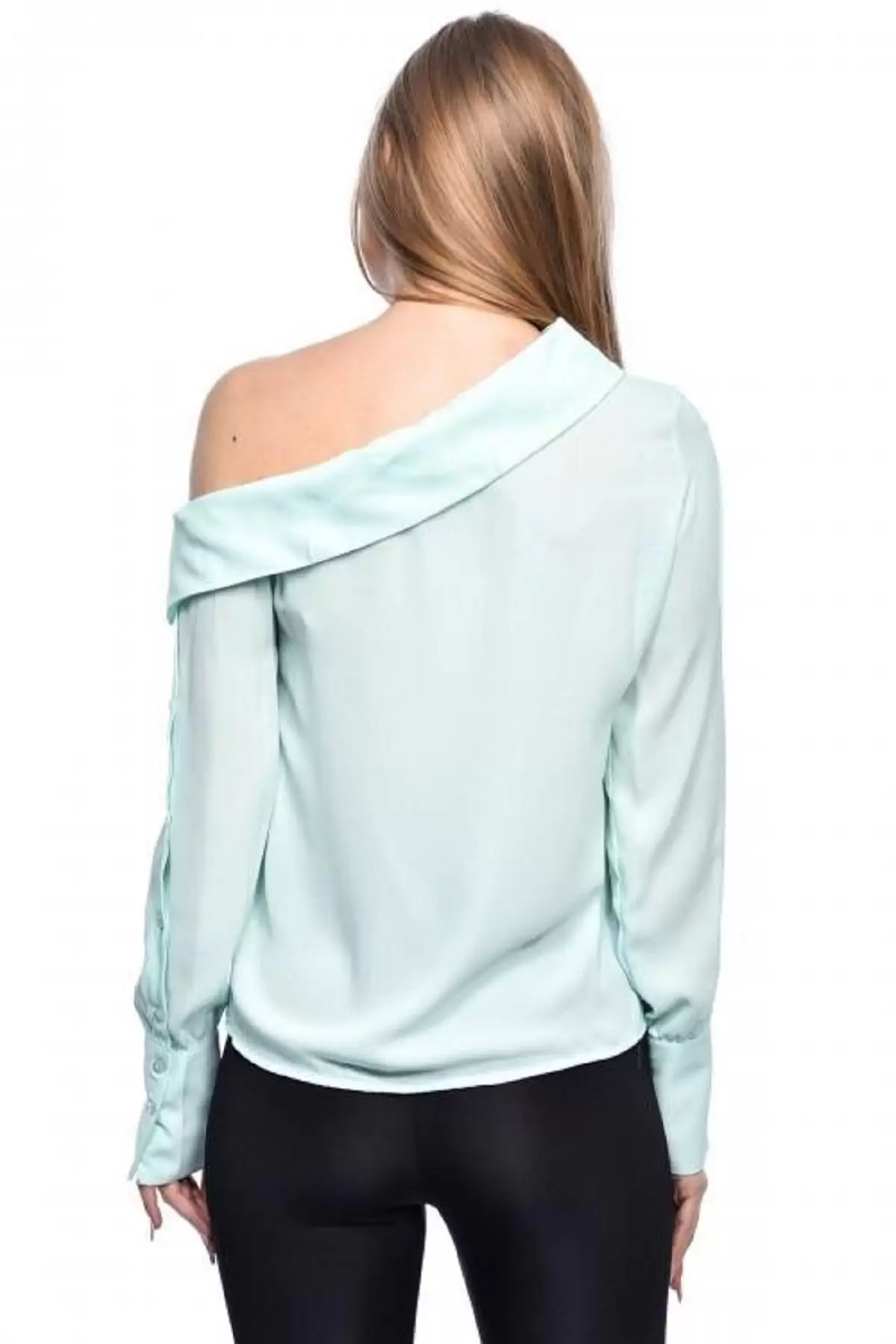Tek Omuzlu Uzun Kollu Mint Kadın Bluz