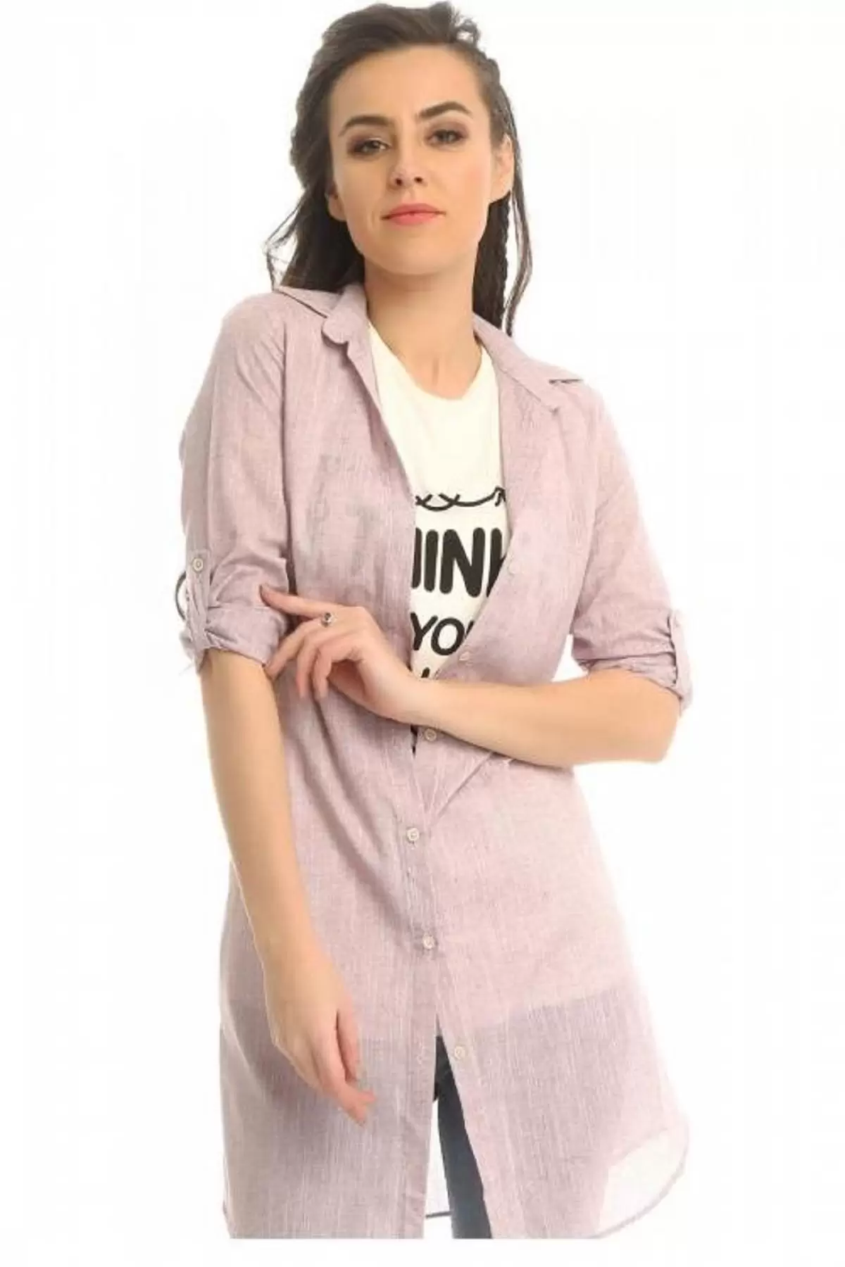 Tişört Kombinli Vizon Uzun Kadın Keten Gömlek (Küçük Beden)