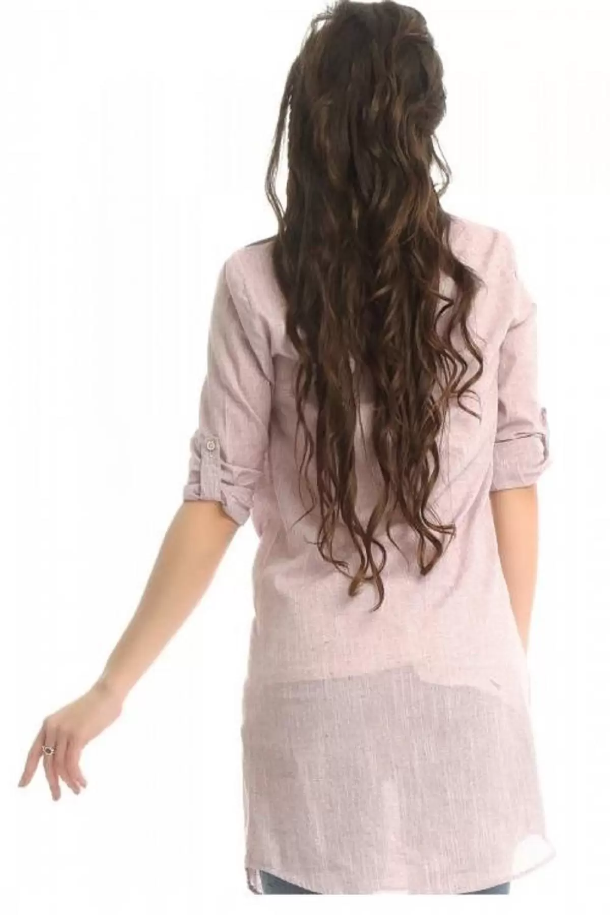 Tişört Kombinli Vizon Uzun Kadın Keten Gömlek (Küçük Beden)