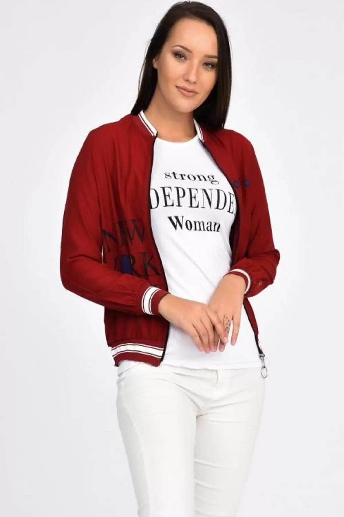 Uzun Kollu Baskılı ve Penye Detaylı Bordo Kadın Ceket