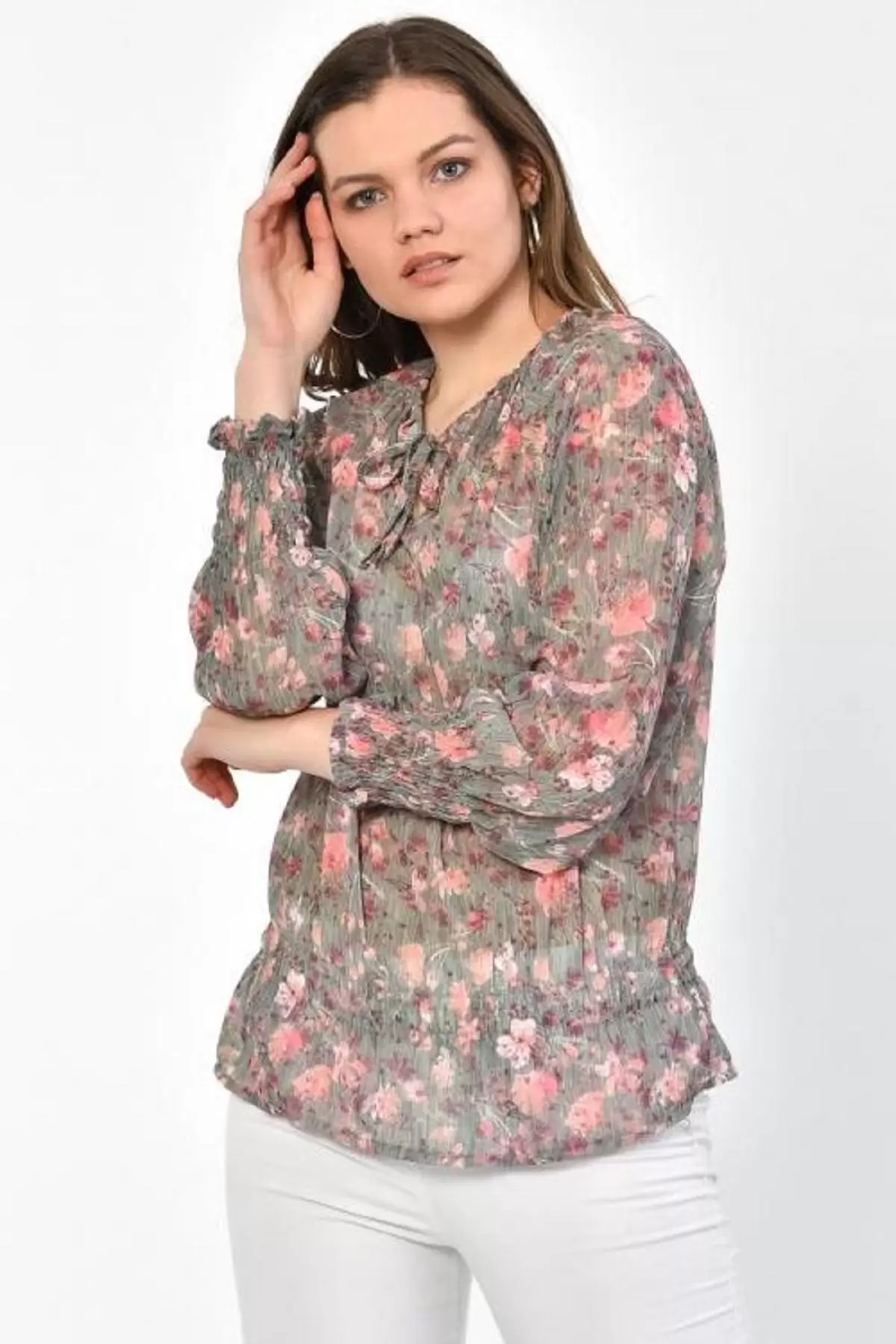 Uzun Kollu Belden Lastikli Çiçekli Pembe Tül Kadın Bluz