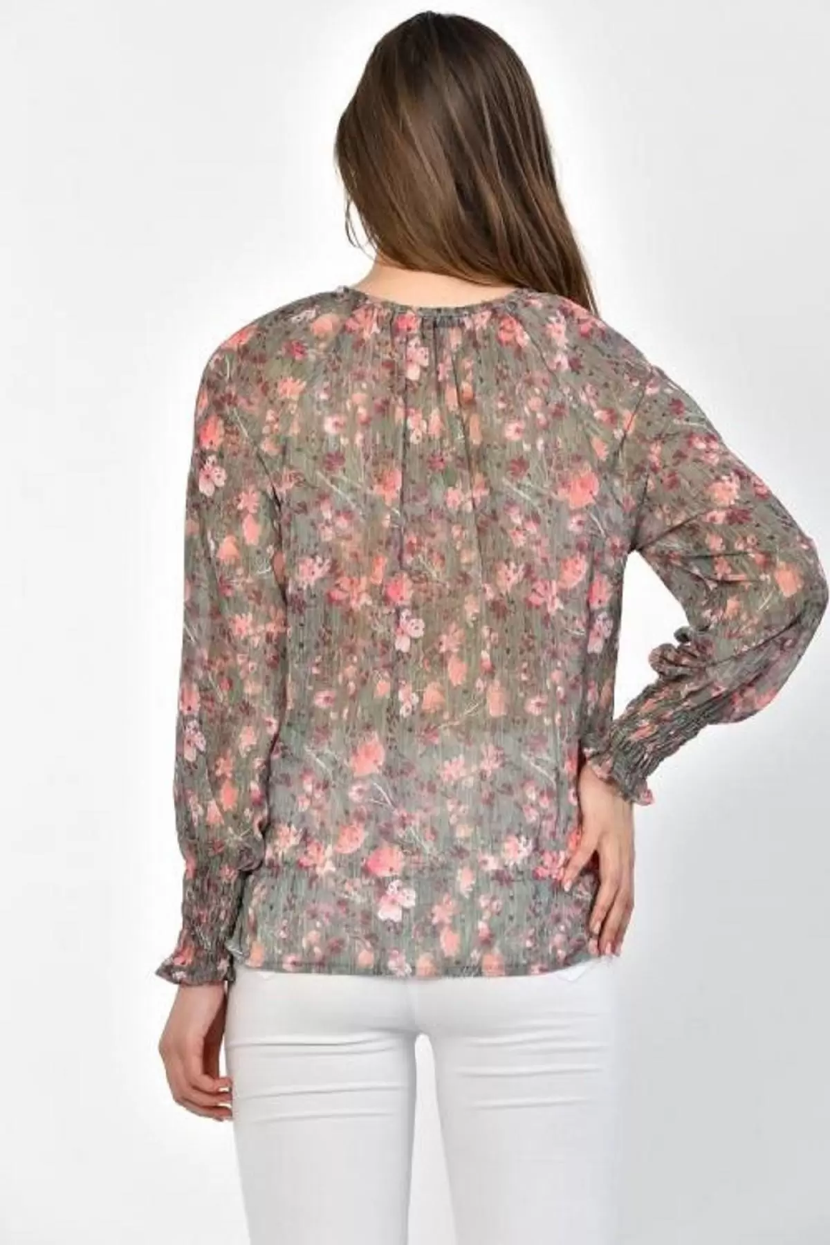 Uzun Kollu Belden Lastikli Çiçekli Pembe Tül Kadın Bluz