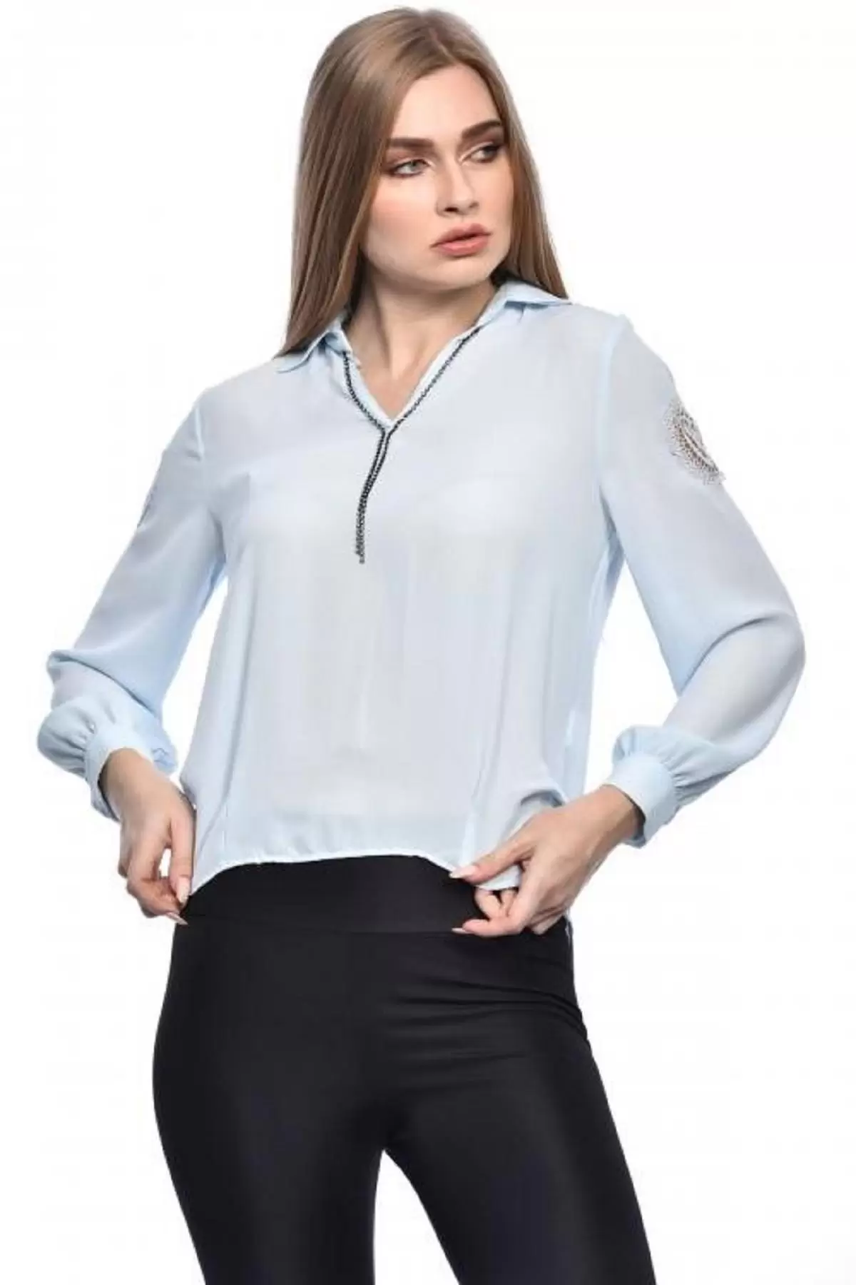 Uzun Kollu Nakış ve Taş Detaylı Düğmeli Bebe Mavi Kadın Gömlek