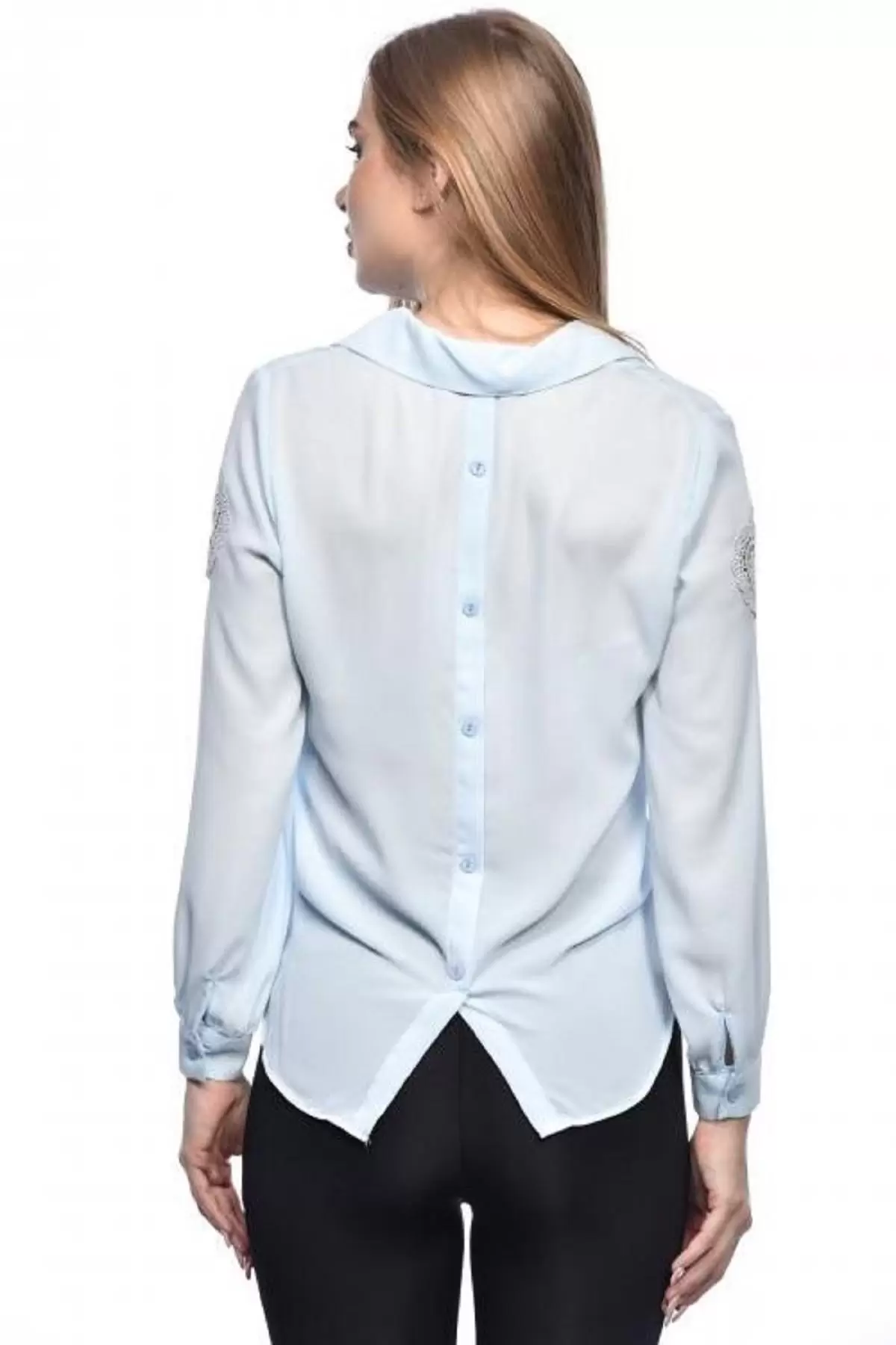 Uzun Kollu Nakış ve Taş Detaylı Düğmeli Bebe Mavi Kadın Gömlek