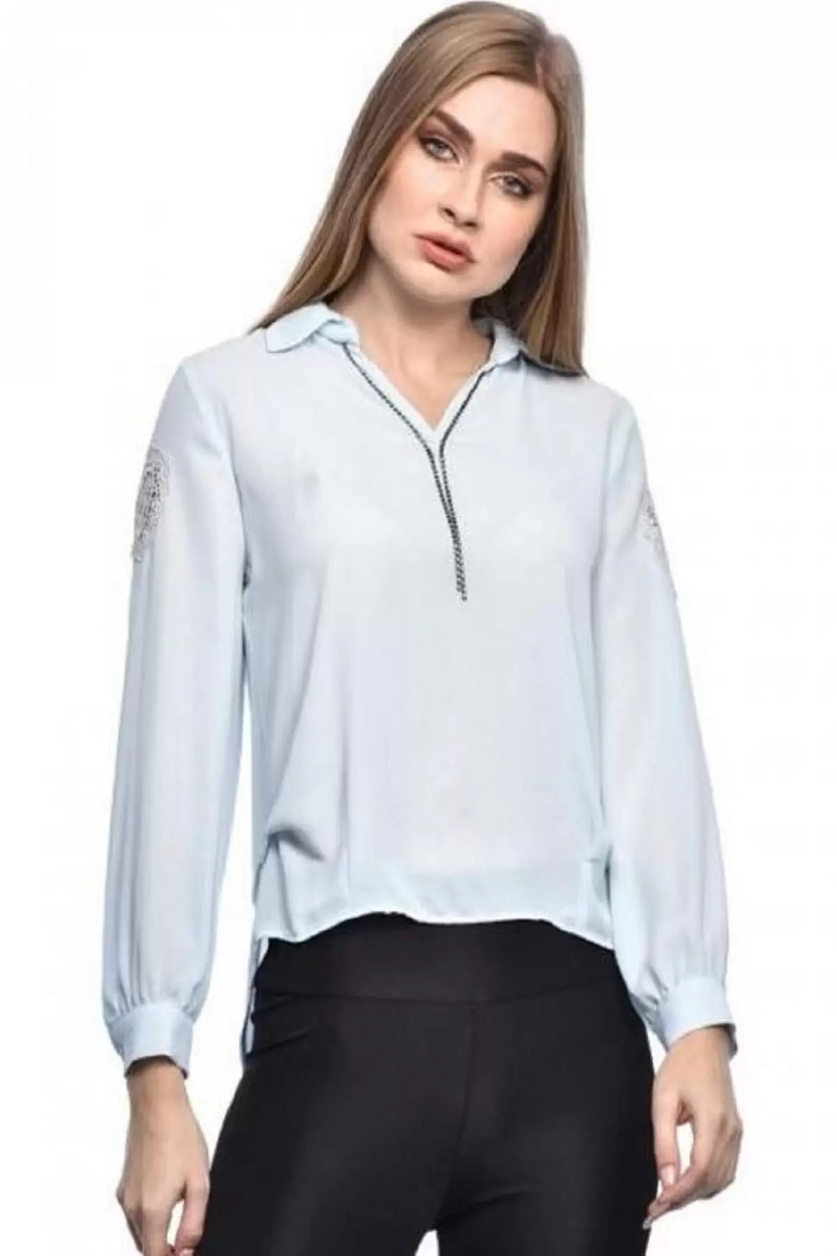 Uzun Kollu Nakış ve Taş Detaylı Düğmeli Bebe Mavi Kadın Gömlek