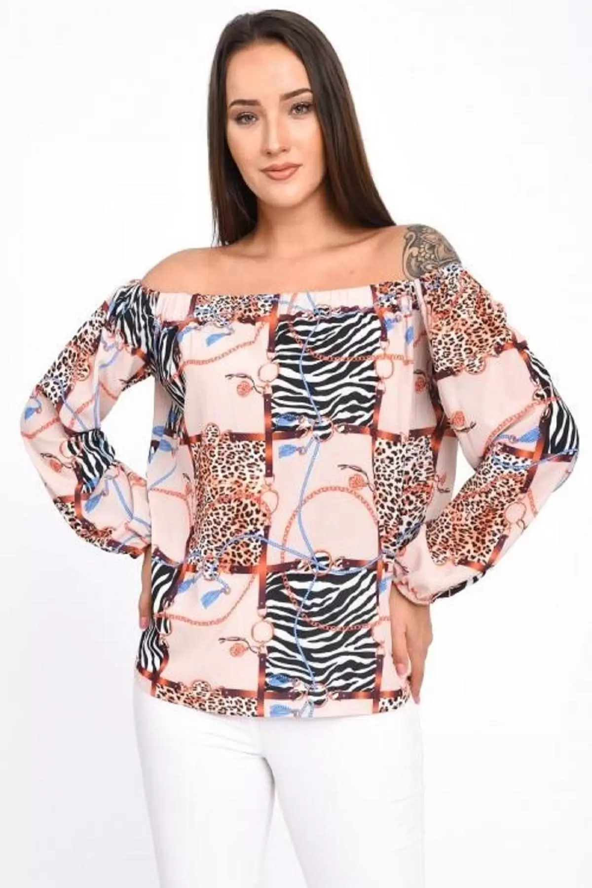 Uzun Kollu Omuz Detaylı Desenli Bej Kadın Bluz