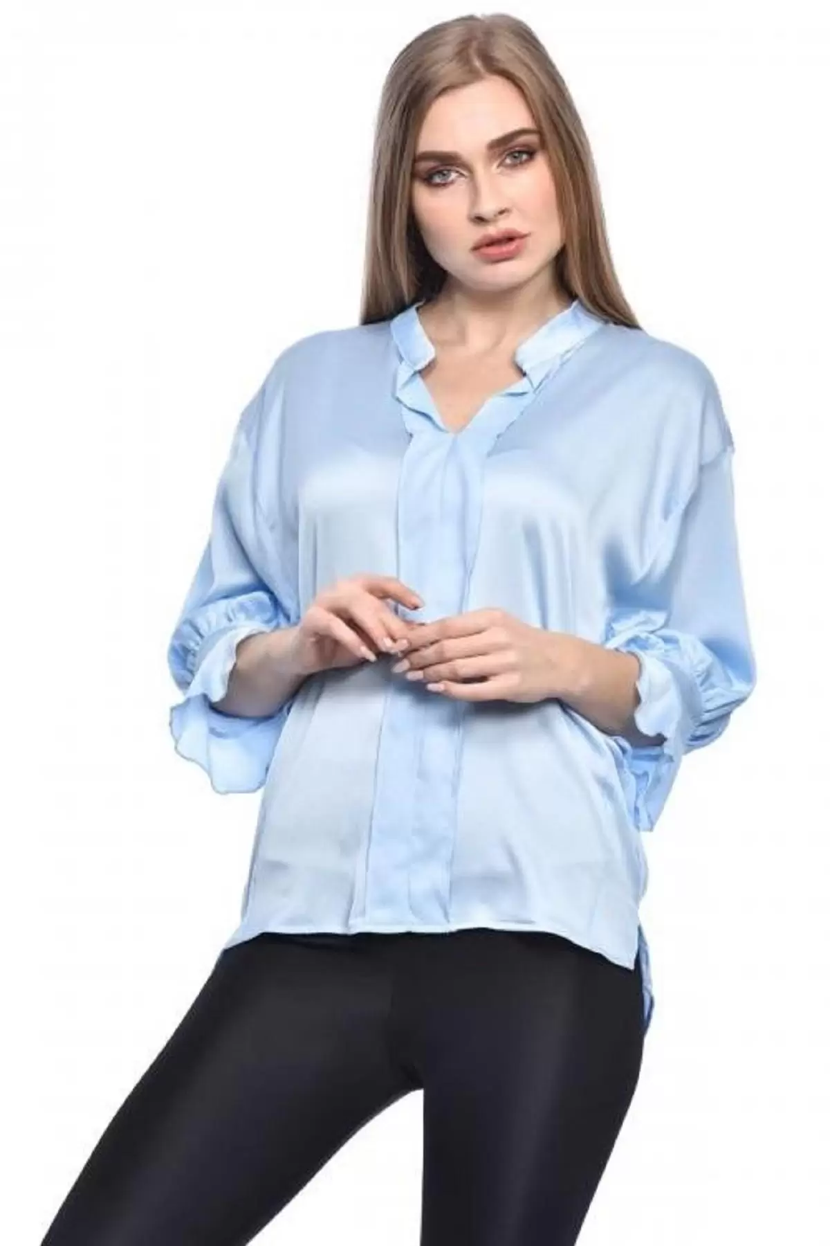 Uzun Kollu Volenli ve Biyeli Bebe Mavi Kadın Bluz