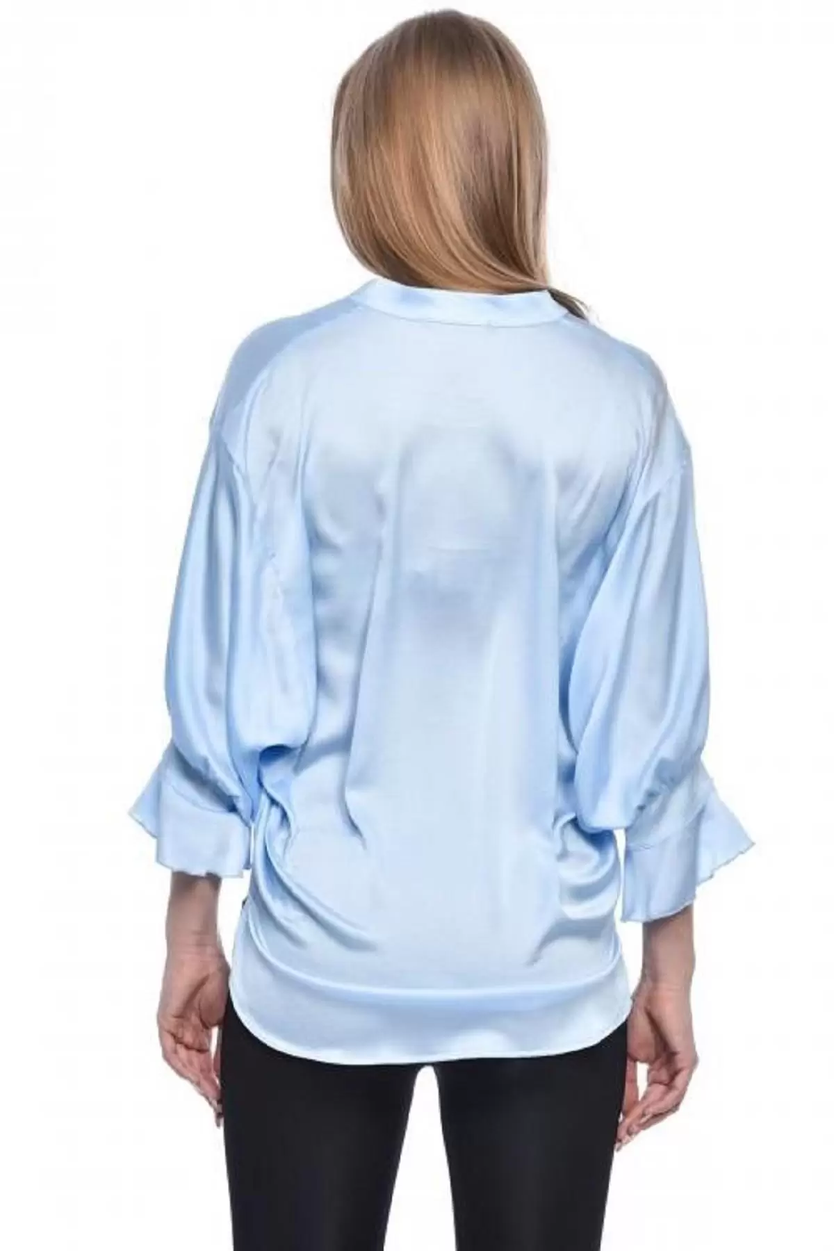 Uzun Kollu Volenli ve Biyeli Bebe Mavi Kadın Bluz