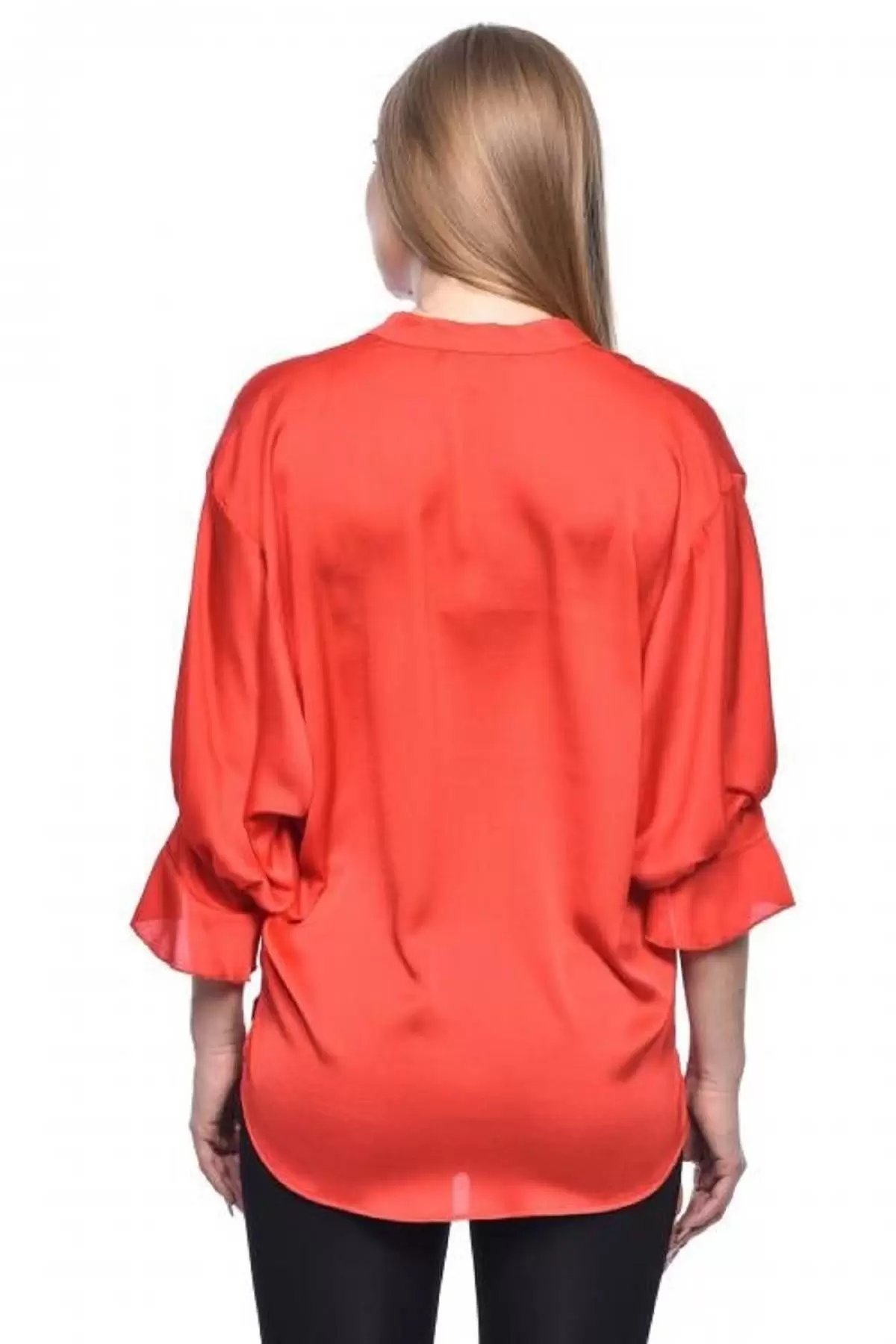 Uzun Kollu Volenli ve Biyeli Kırmızı Kadın Bluz