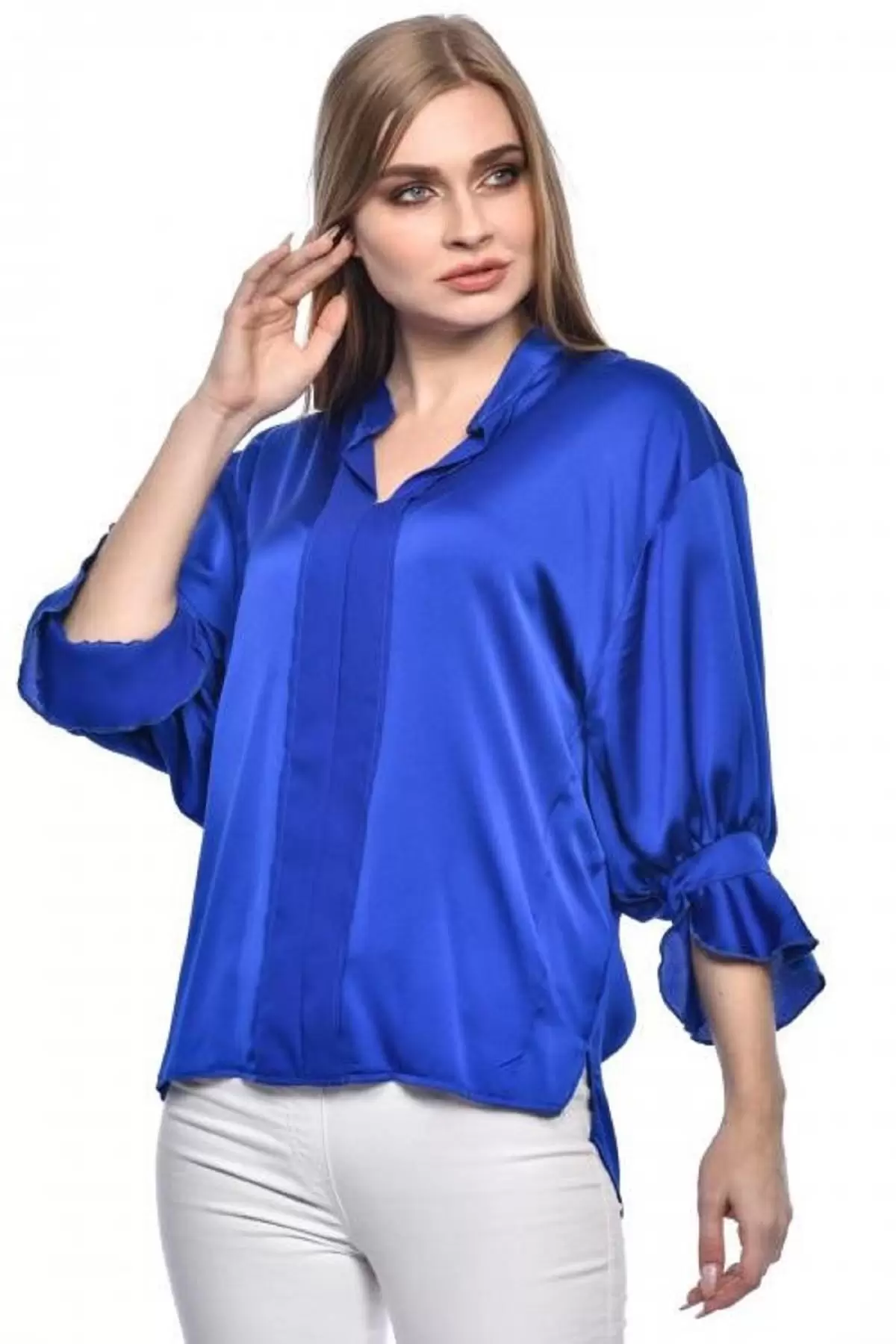 Uzun Kollu Volenli ve Biyeli Saks Kadın Bluz