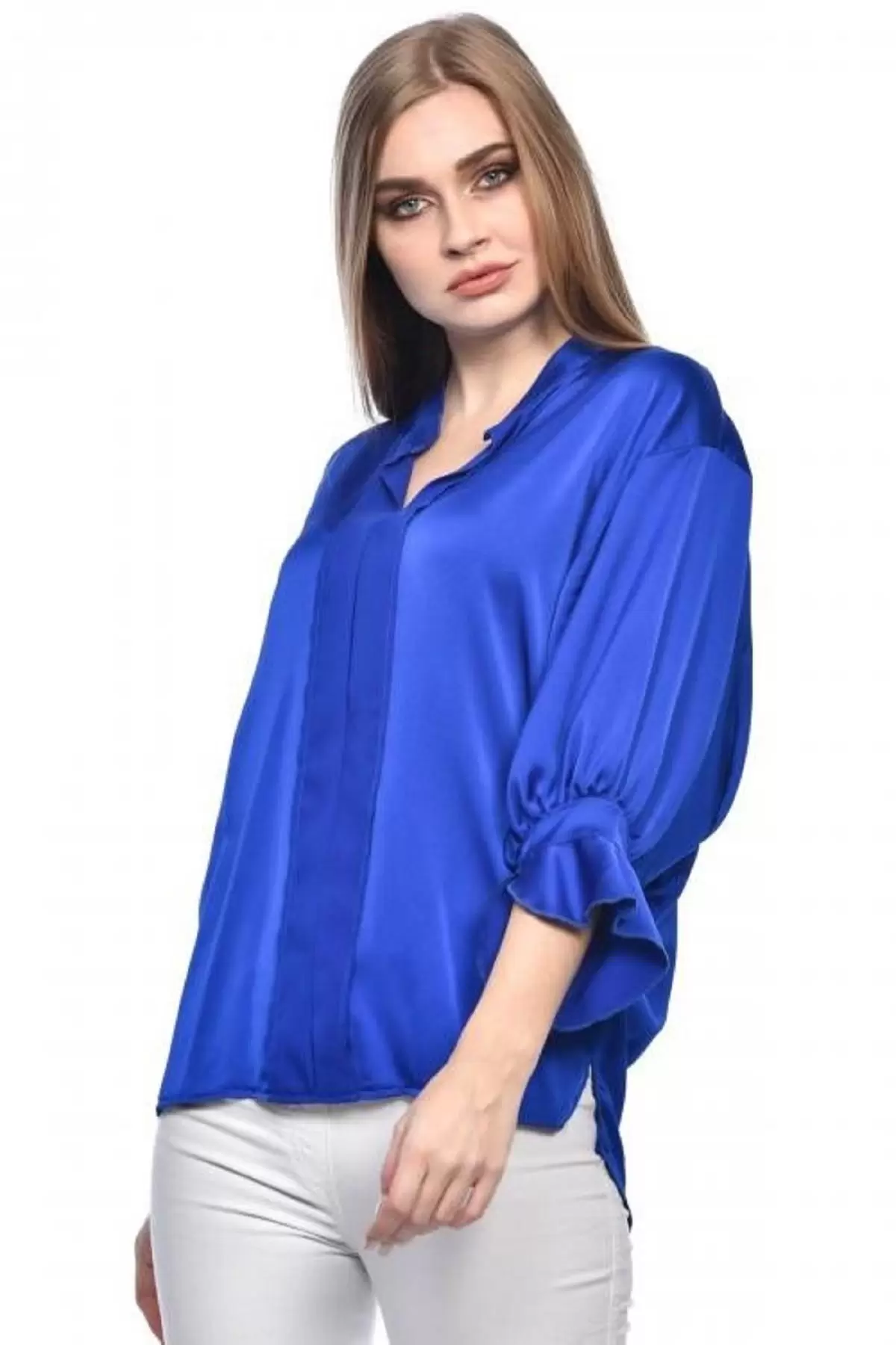 Uzun Kollu Volenli ve Biyeli Saks Kadın Bluz