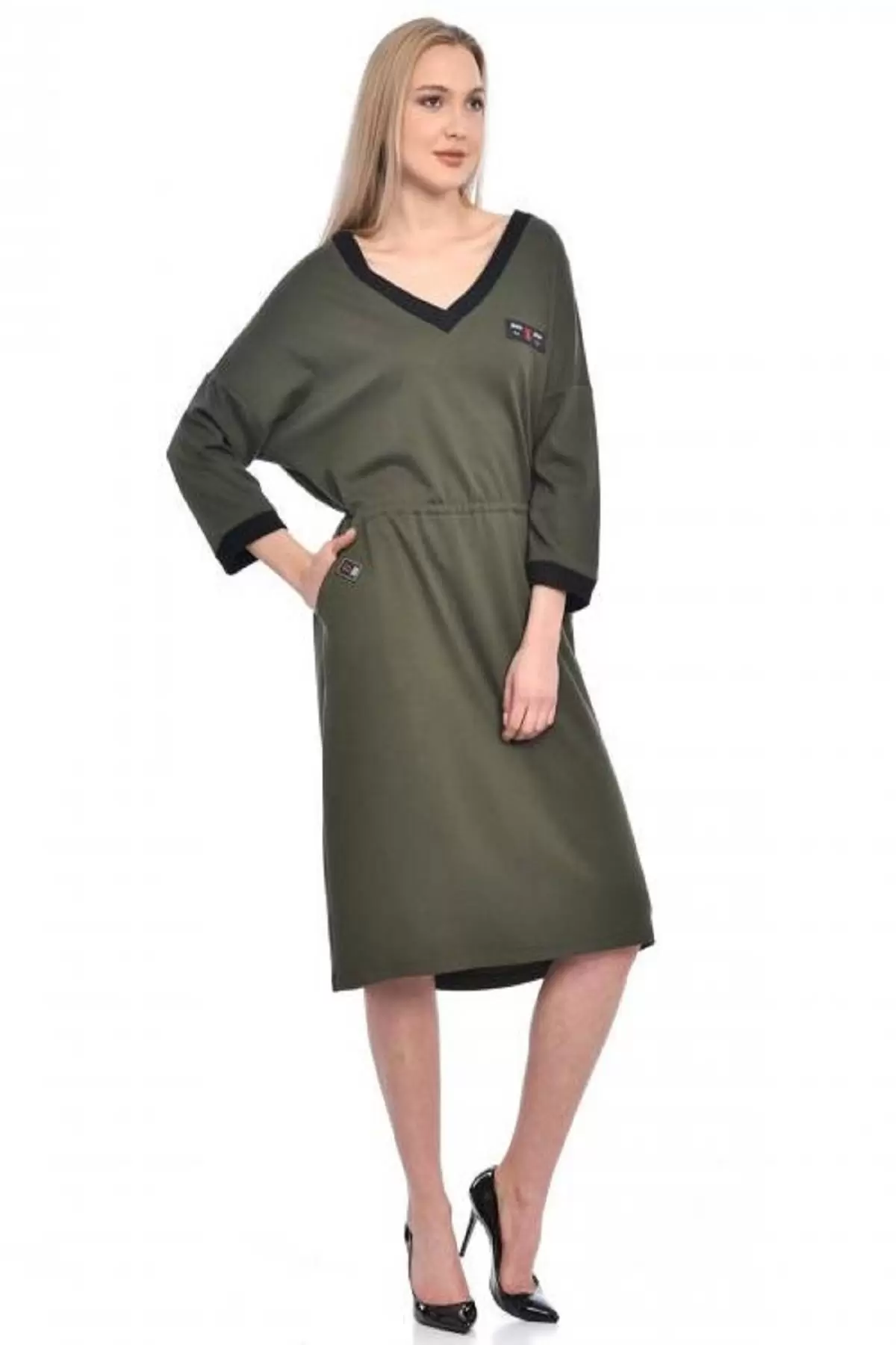 V Triko Yaka Deri Bağcıklı Haki Kadın Elbise
