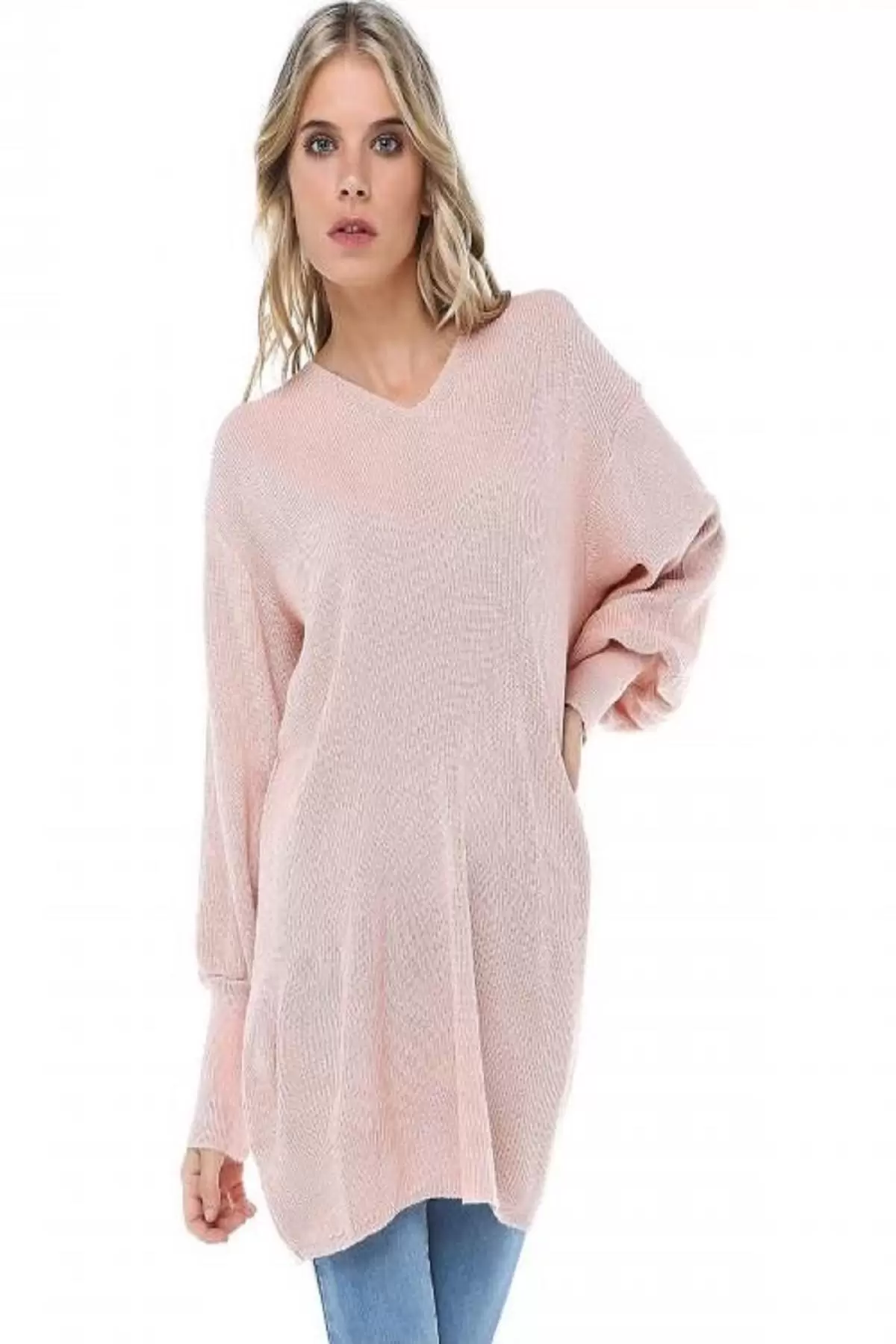 V Yaka Balon Kol Basic Somon Triko Kadın Tunik