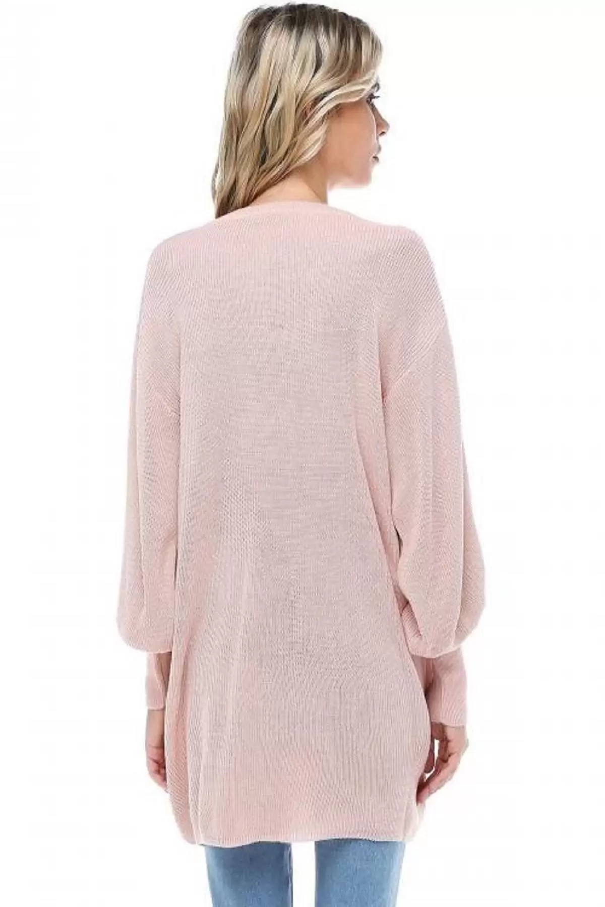 V Yaka Balon Kol Basic Somon Triko Kadın Tunik