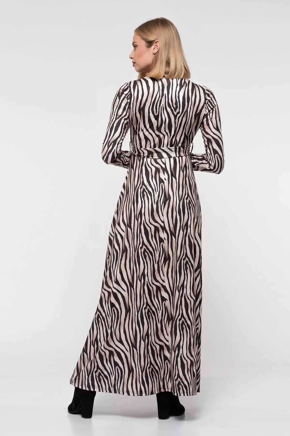 V Yaka Dekolte Zebra Desenli Kemerli Kadife Elbise