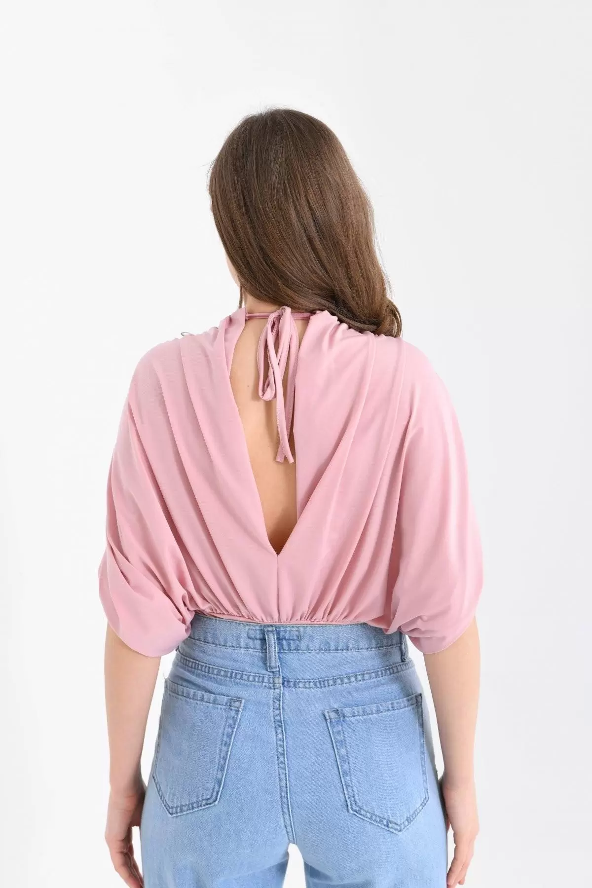 V Yaka Derin Sırt Detaylı Pembe Kadın Bodysuit