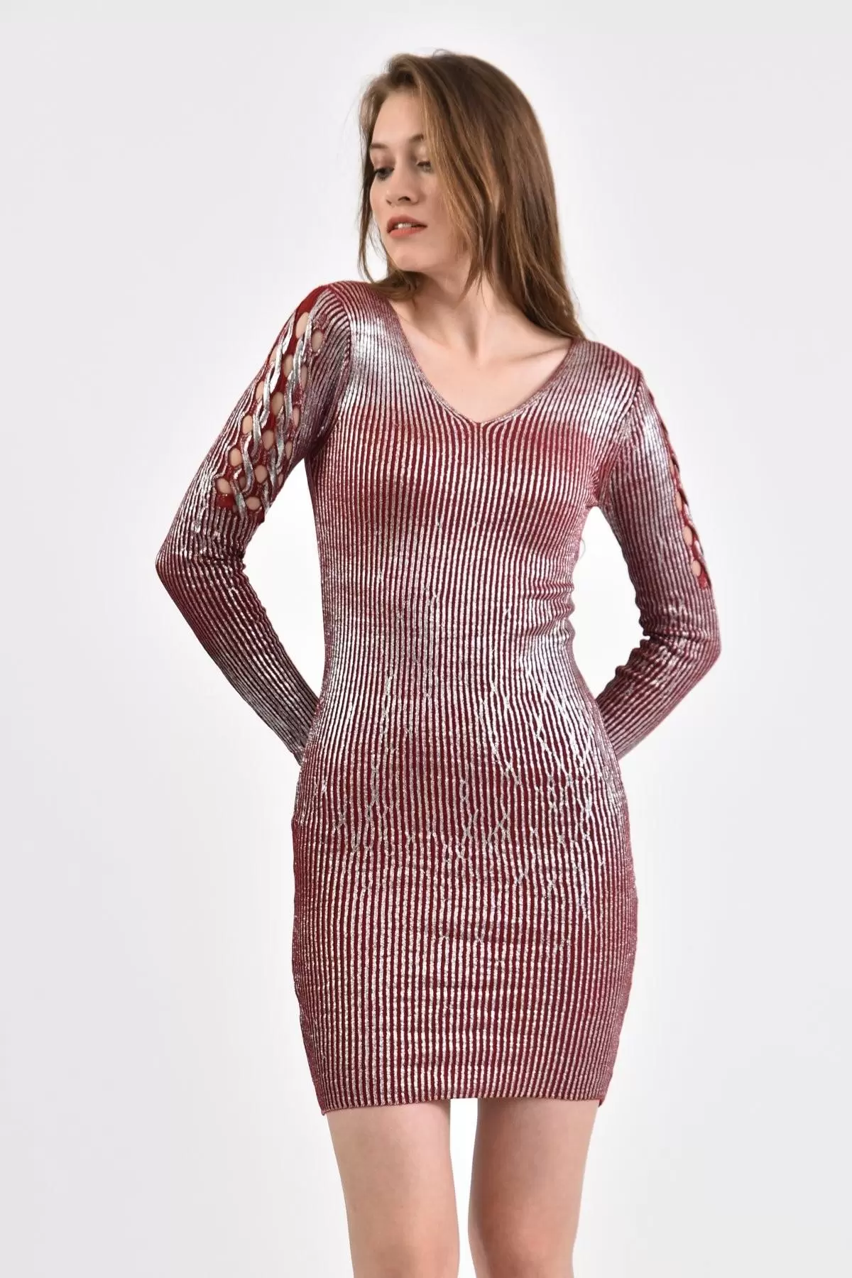 V Yaka Kol Detaylı Triko Kiremit Kadın Elbise