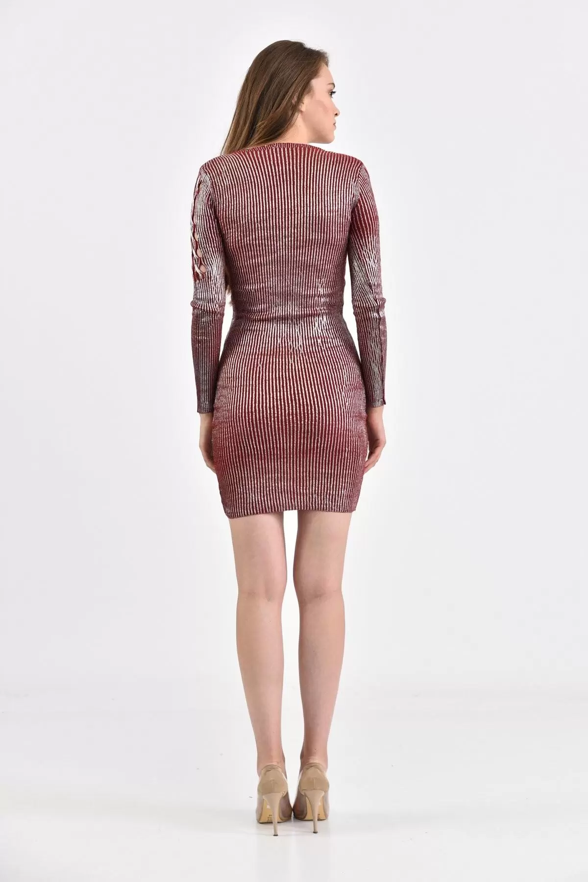 V Yaka Kol Detaylı Triko Kiremit Kadın Elbise