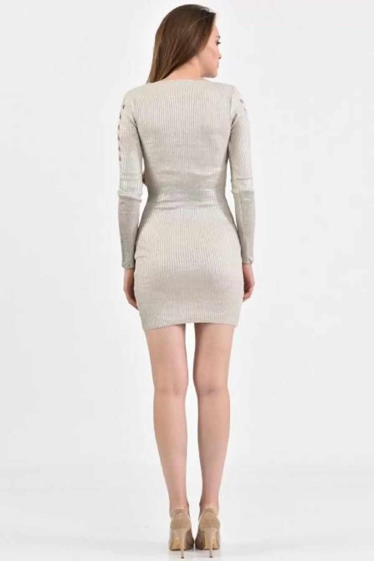 V Yaka Kol Detaylı Triko Taş Kadın Elbise