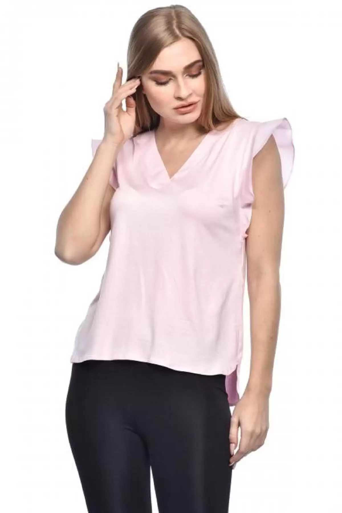 V Yaka Kolsuz Omuz Detaylı Pudra Kadın Bluz