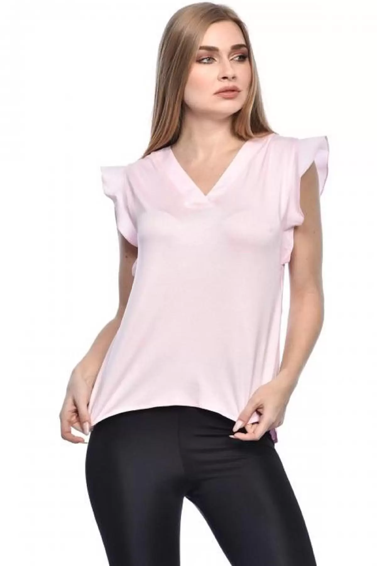V Yaka Kolsuz Omuz Detaylı Pudra Kadın Bluz