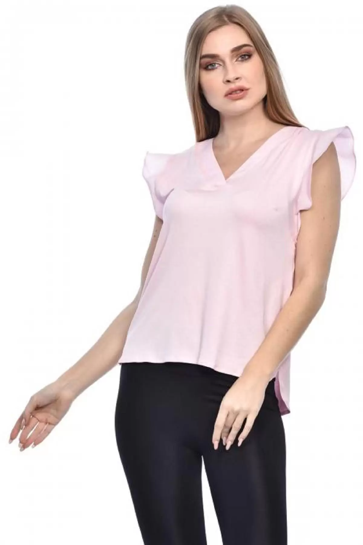 V Yaka Kolsuz Omuz Detaylı Pudra Kadın Bluz