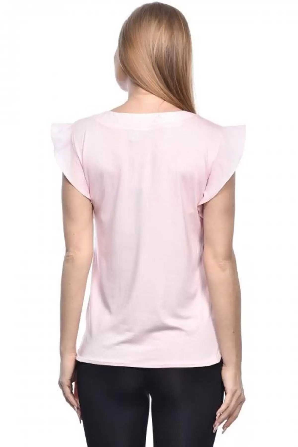 V Yaka Kolsuz Omuz Detaylı Pudra Kadın Bluz