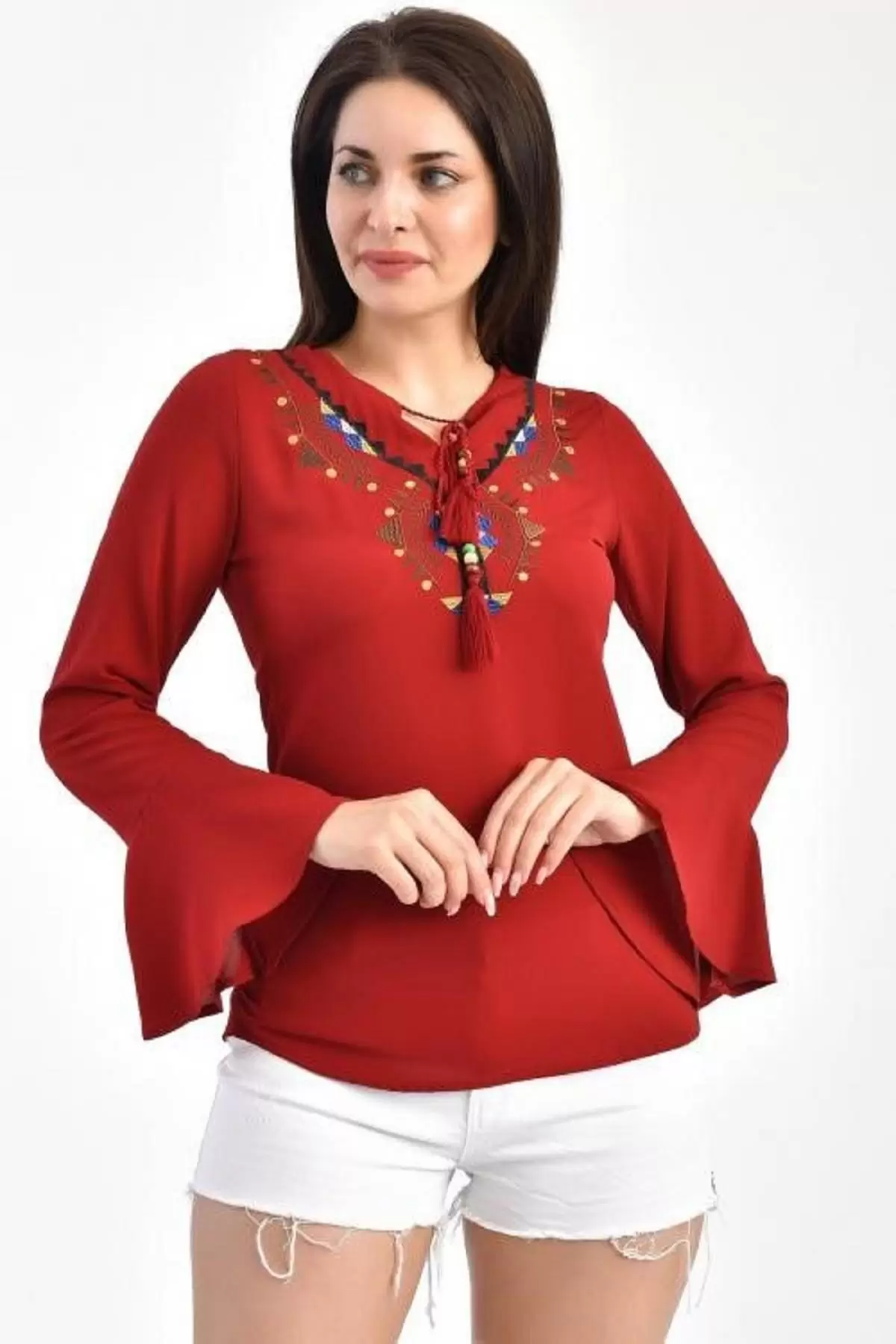 V Yaka Nakışlı Volen Uzun Kollu Bordo Kadın Bluz