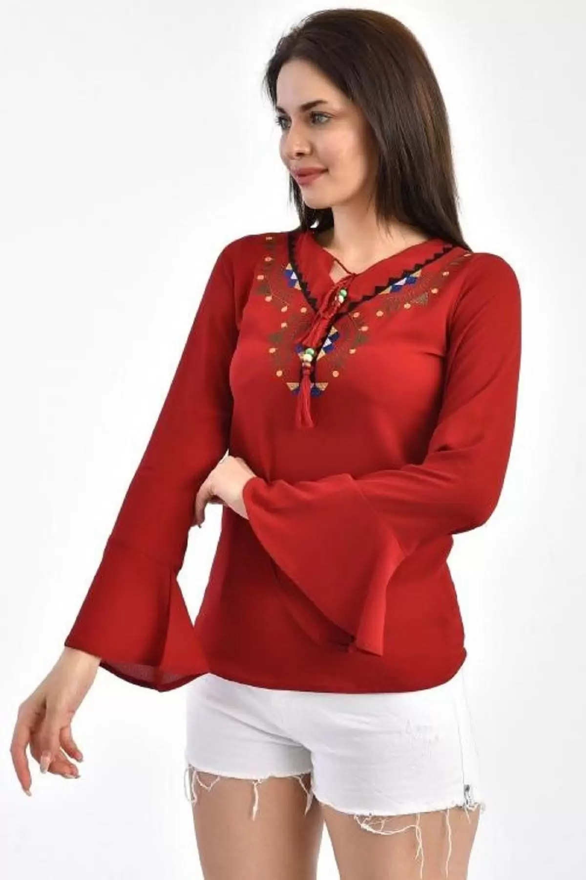 V Yaka Nakışlı Volen Uzun Kollu Bordo Kadın Bluz