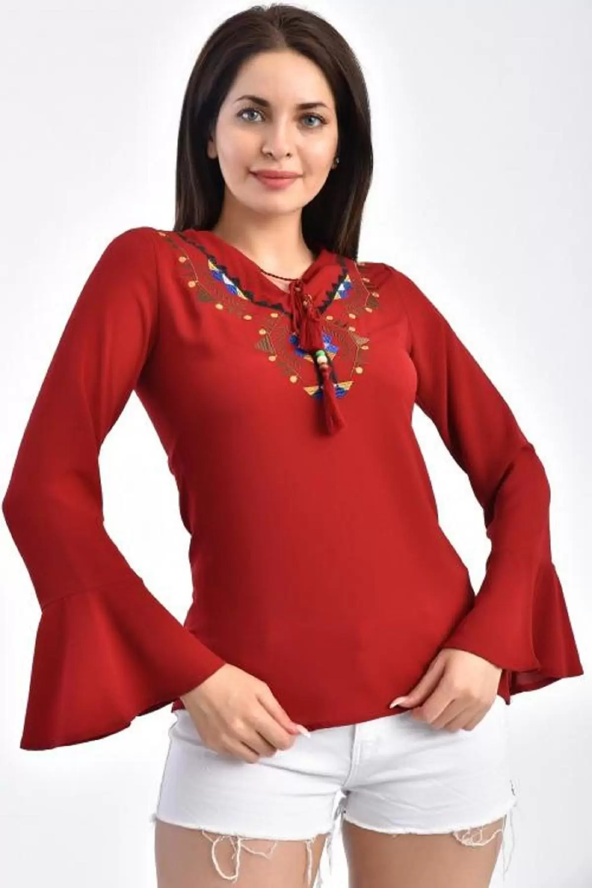 V Yaka Nakışlı Volen Uzun Kollu Bordo Kadın Bluz