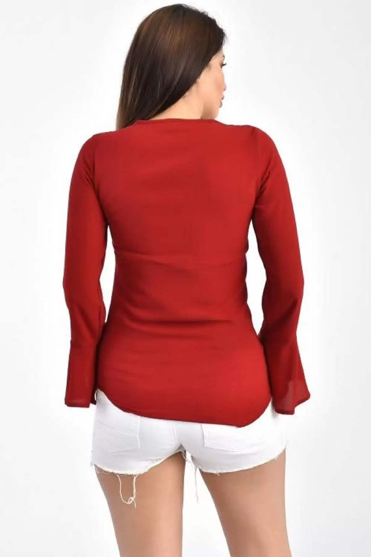 V Yaka Nakışlı Volen Uzun Kollu Bordo Kadın Bluz