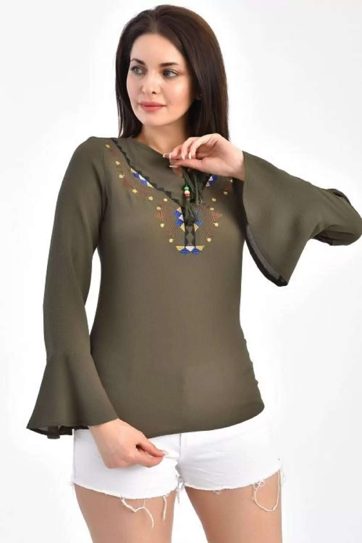 V Yaka Nakışlı Volen Uzun Kollu Haki Kadın Bluz