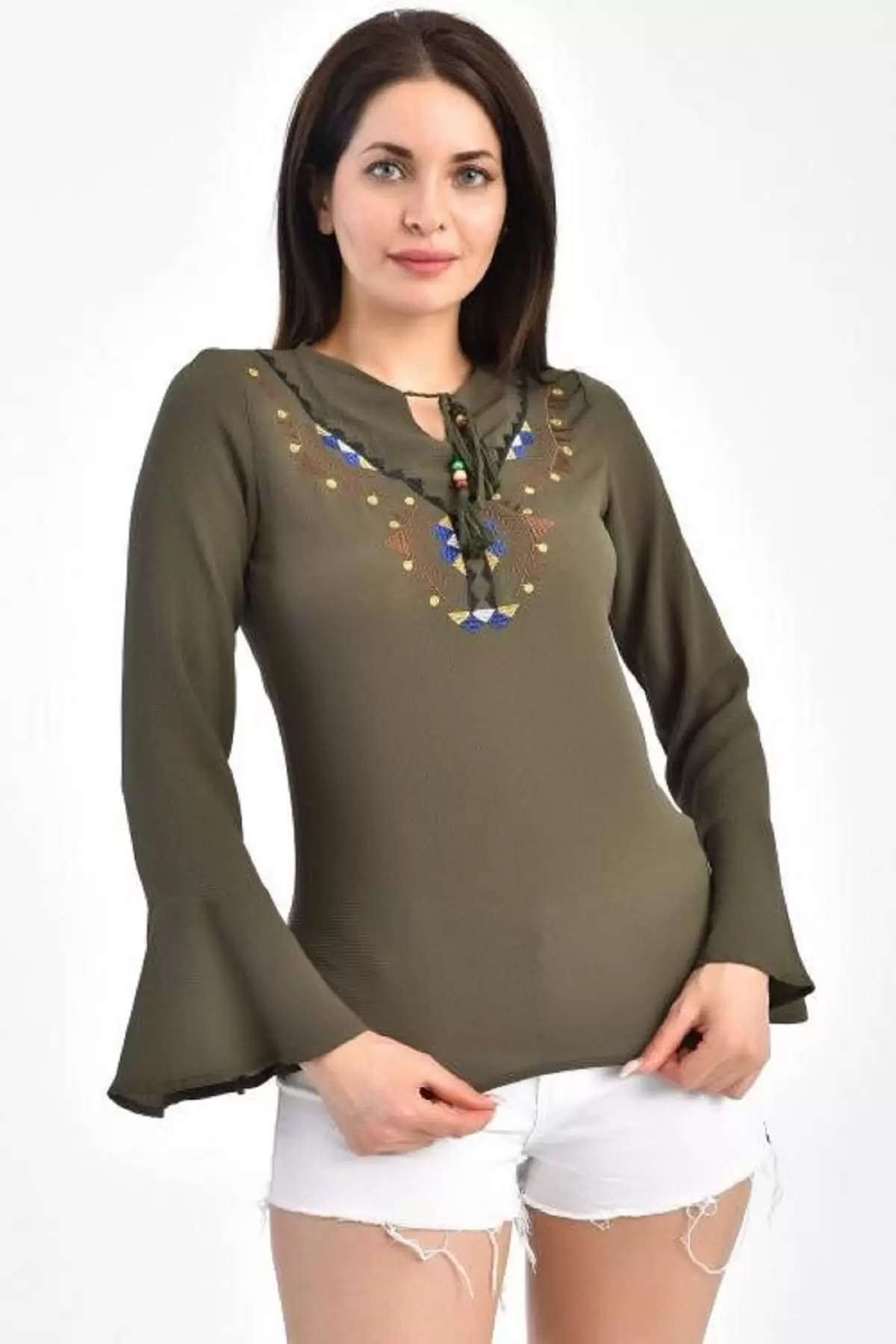 V Yaka Nakışlı Volen Uzun Kollu Haki Kadın Bluz