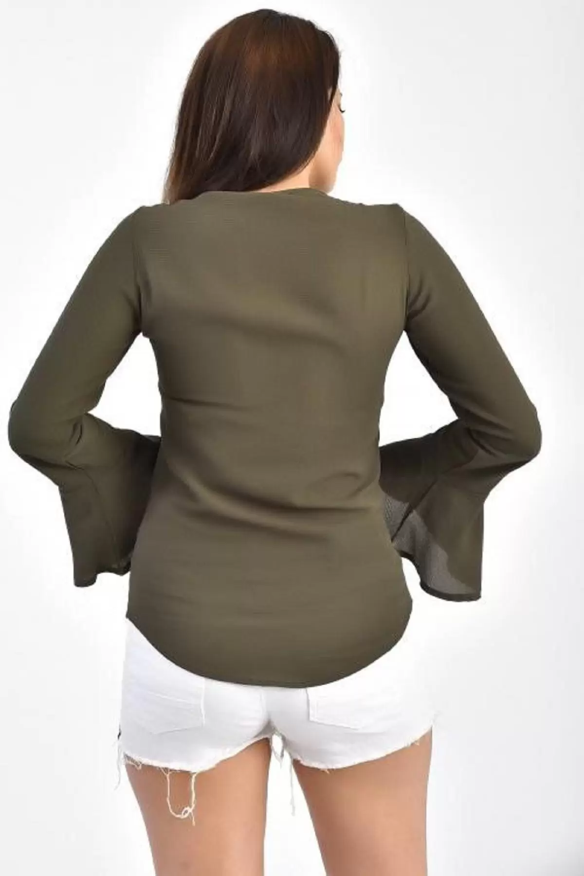 V Yaka Nakışlı Volen Uzun Kollu Haki Kadın Bluz
