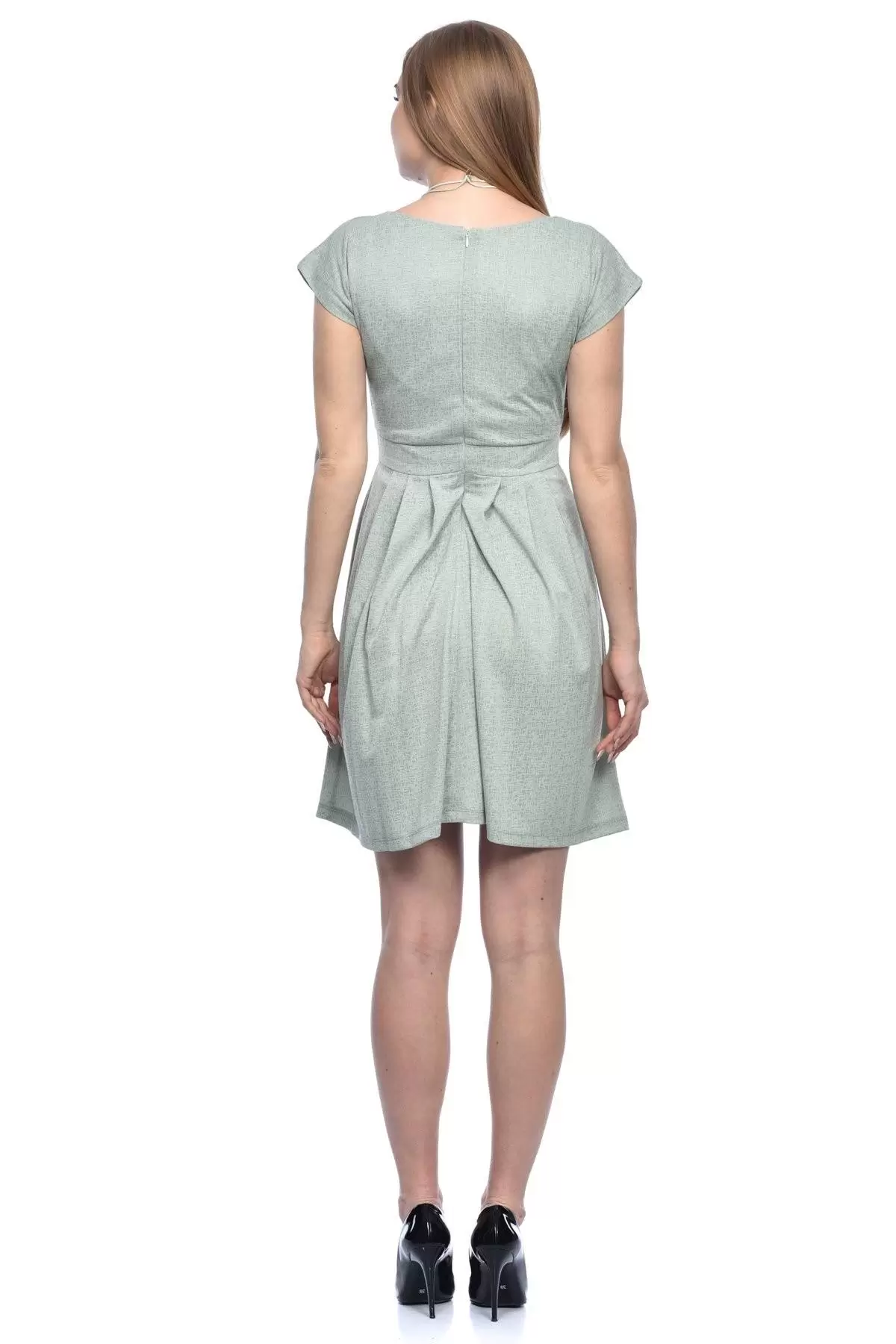 V Yaka Pile ve Takılı Astarlı Mint Yeşil Kadın Elbise