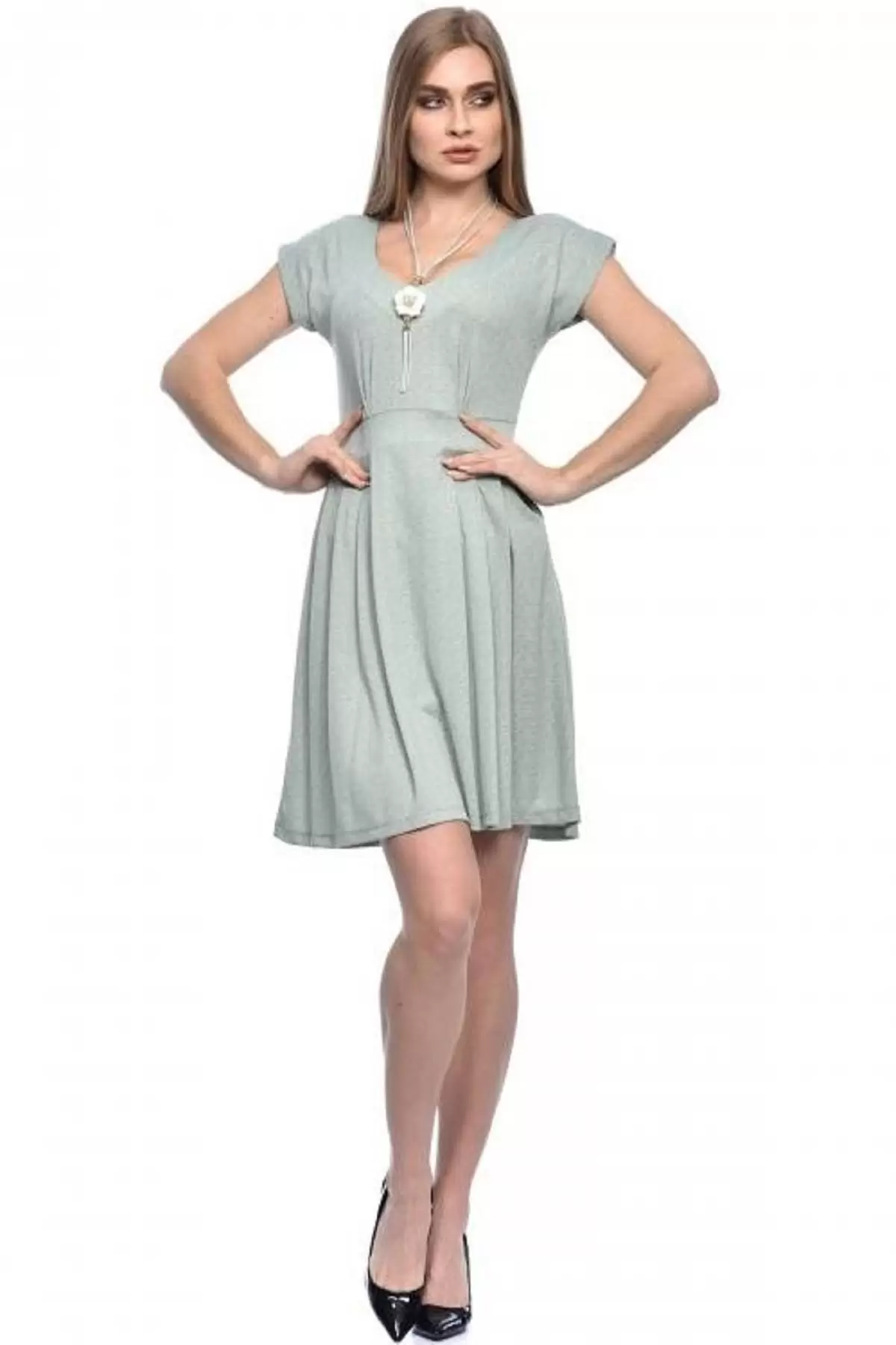V Yaka Pile ve Takılı Astarlı Mint Yeşil Kadın Elbise