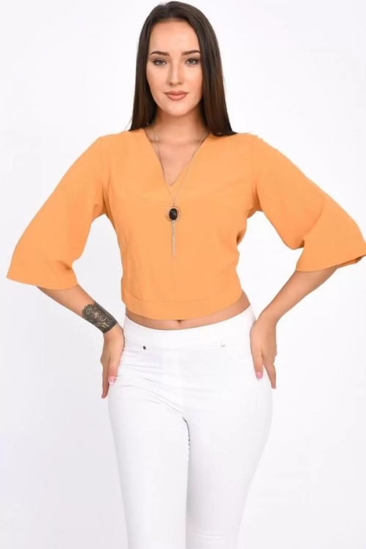 V Yaka Takı ve Sırt Detaylı Uzun kollu Hardal Kadın Bluz