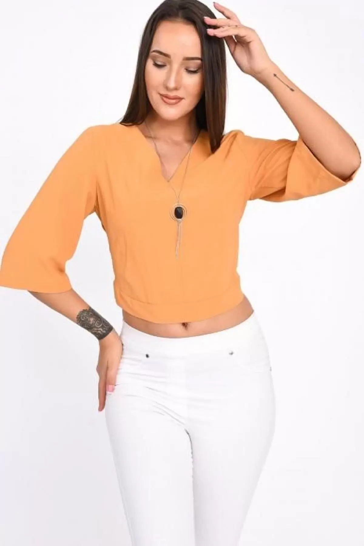 V Yaka Takı ve Sırt Detaylı Uzun kollu Hardal Kadın Bluz