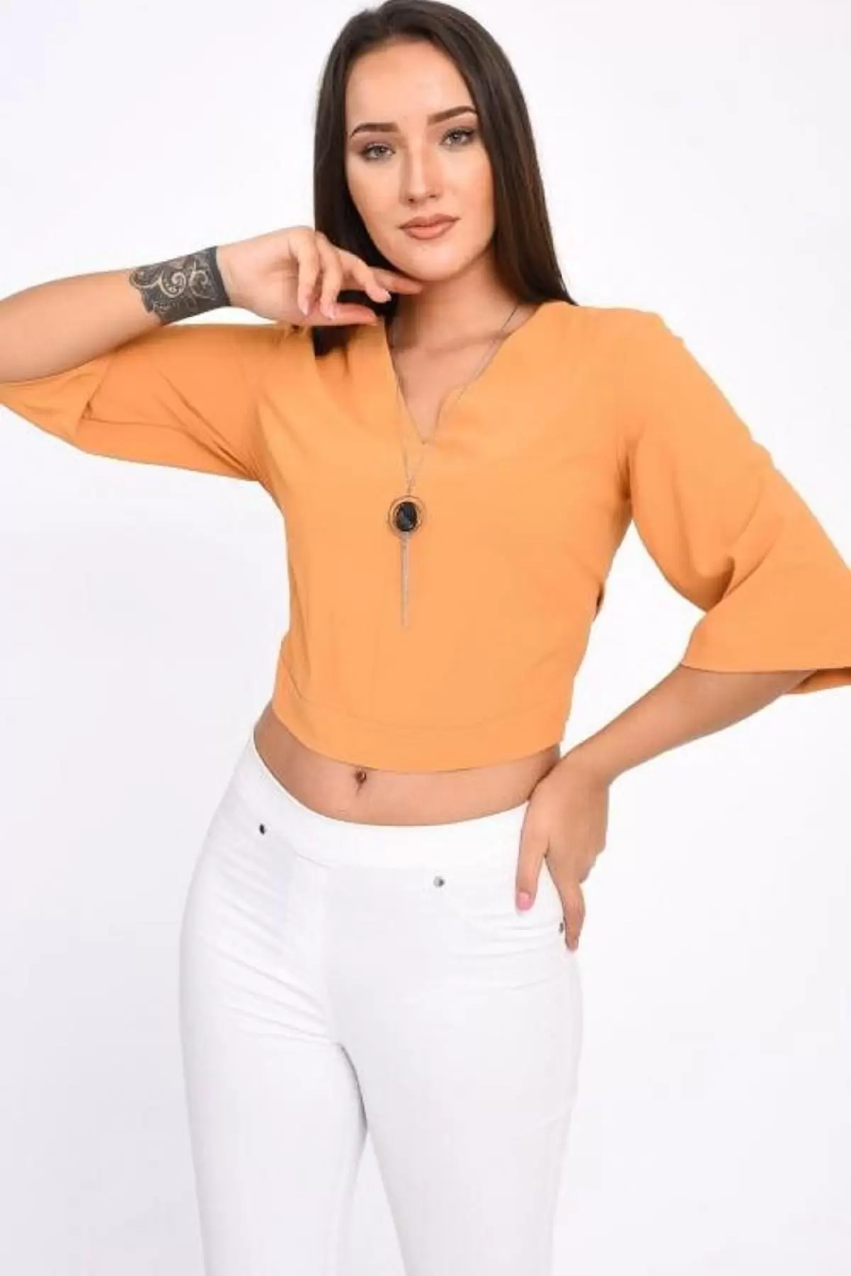 V Yaka Takı ve Sırt Detaylı Uzun kollu Hardal Kadın Bluz